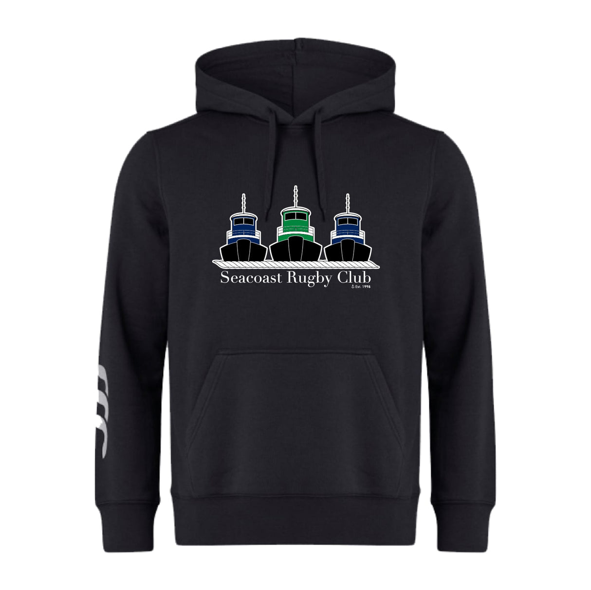Show your rugby pride in style with the Seacoast Rugby Club Club Hoodie by WRS Canterbury—a black hoodie featuring three tugboats, "Seacoast Rugby Club Est. 1975" on the front, and a white striped design on the left sleeve.