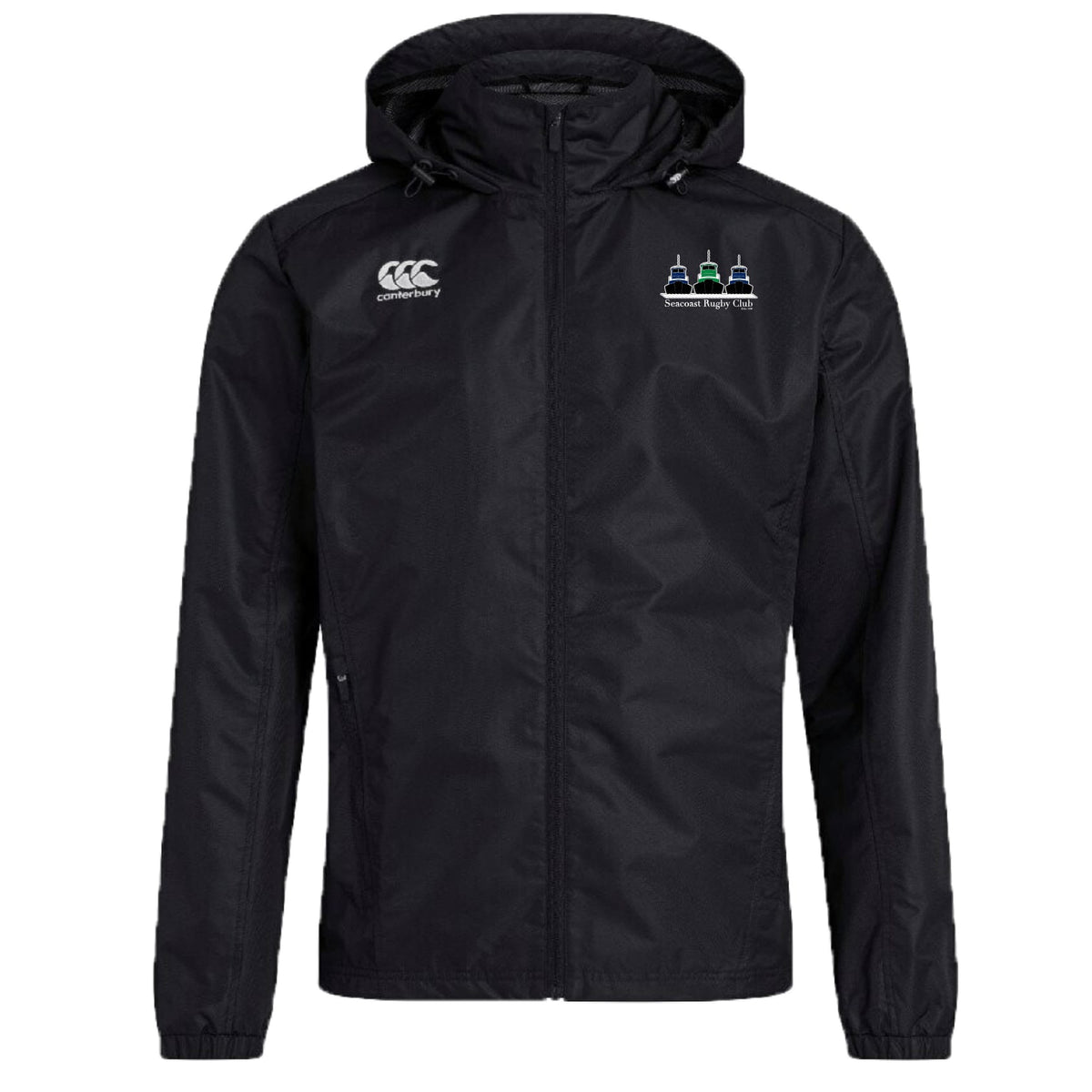 Seacoast Rugby Club Club Vaposhield Stadium Jacket by EMB Canterbury featuring a hood, Canterbury logo on the right chest, and an embroidered Seacoast Rugby Club crest on the left chest.