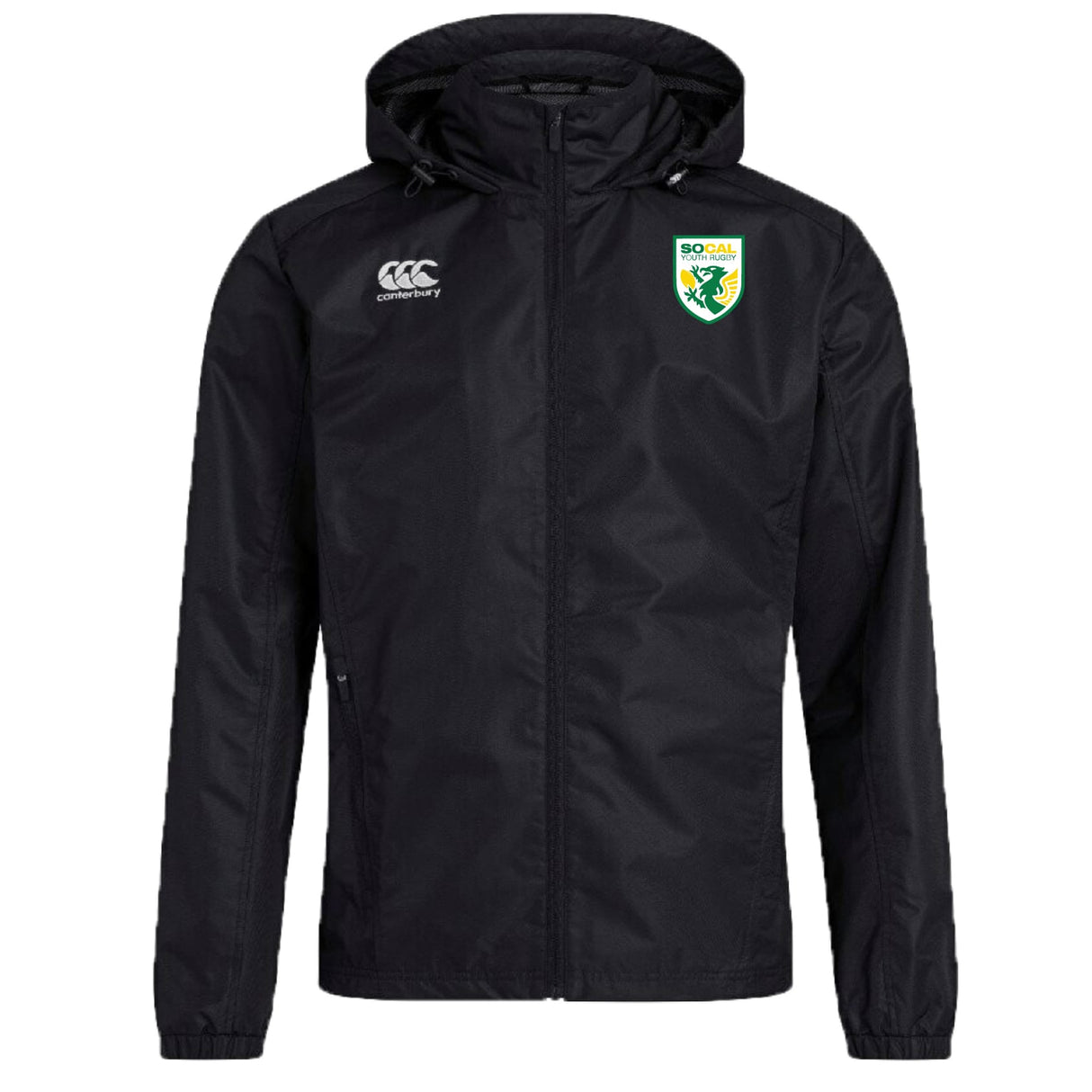 The SoCal Youth Rugby Club Vaposhield Stadium Jacket by EMB Canterbury features a water-repellent black design, a Canterbury logo on the right chest, and a green and yellow SO CAL rugby crest on the left chest.