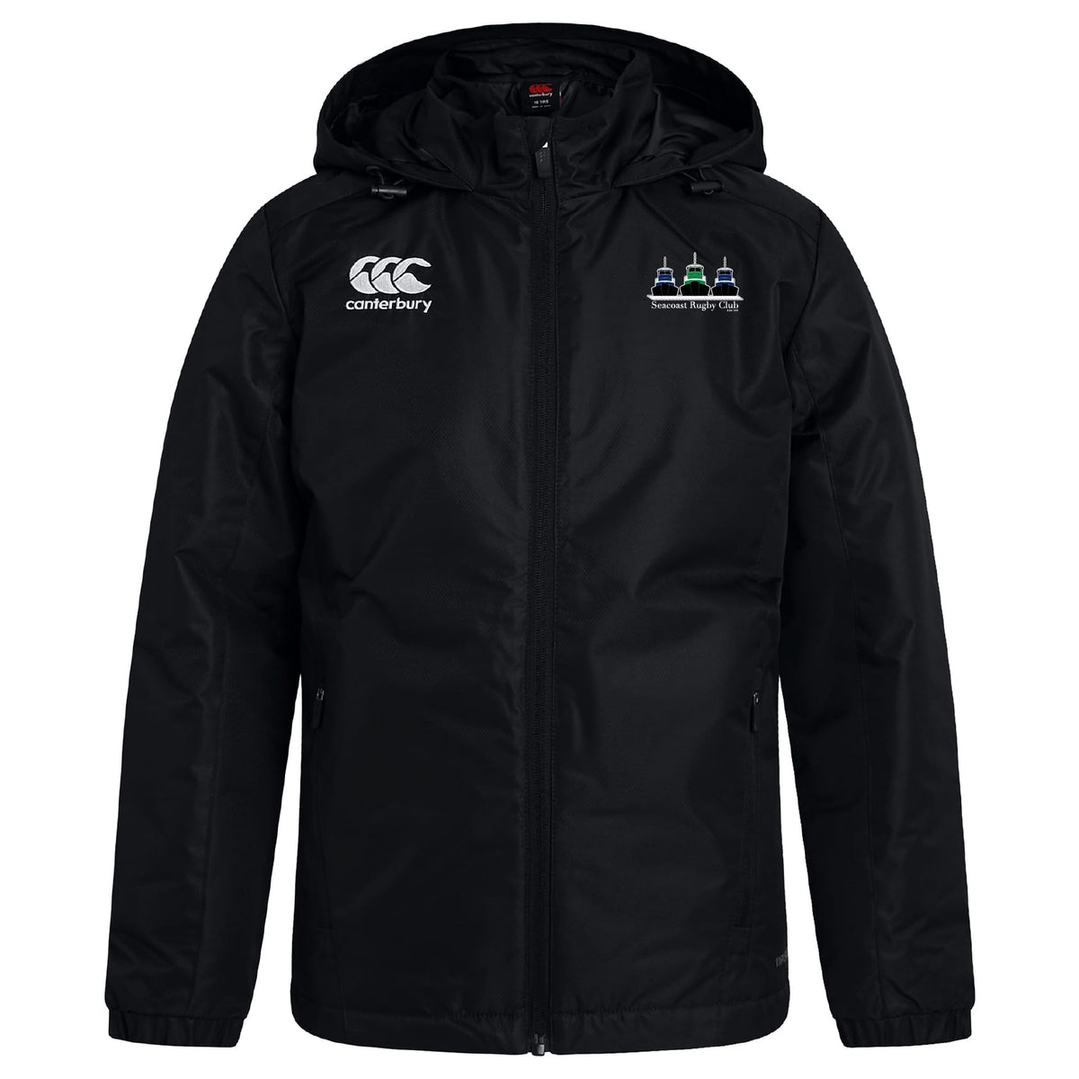 The Seacoast Rugby Club Vaposhield Full Zip Rain Jacket by EMB Canterbury is a black, water-resistant jacket with a hood, zip front, logo on the right chest, and an embroidered "Seacoast Rugby Club" crest on the left—ideal for rugby or rainy days.