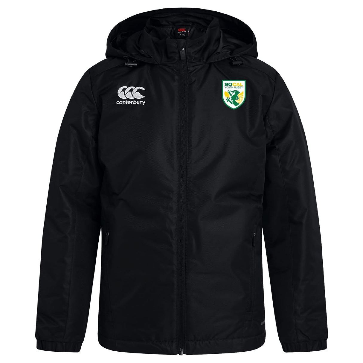 The SoCal Youth Rugby Club VapoShield Full Zip Rain Jacket by EMB Canterbury is black, water-resistant, with the Canterbury logo on the right chest and club crest on the left, shown against a white background.