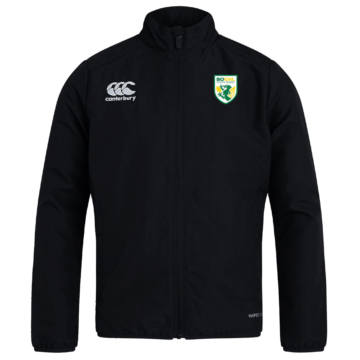The SoCal Youth Rugby Club Track Jacket by EMB Canterbury features a front zipper, Canterbury logo on the right chest, SoCal rugby crest on the left, and is lightweight and water repellent for versatile comfort.