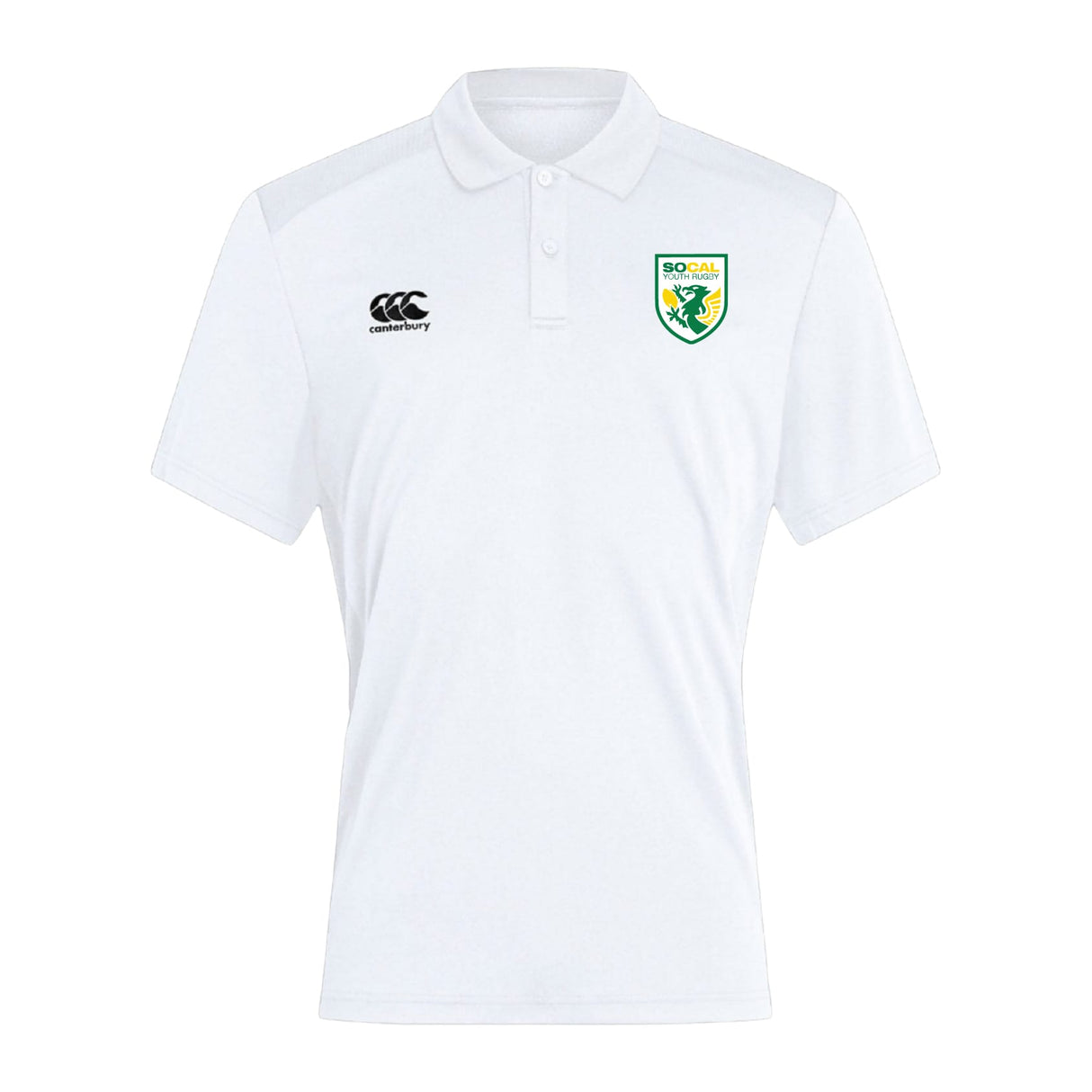 The SoCal Youth Rugby Club Dry Polo by EMB Canterbury is a white short-sleeved polo with Vapodri technology, featuring the Canterbury logo on the right chest and a green and yellow shield on the left.