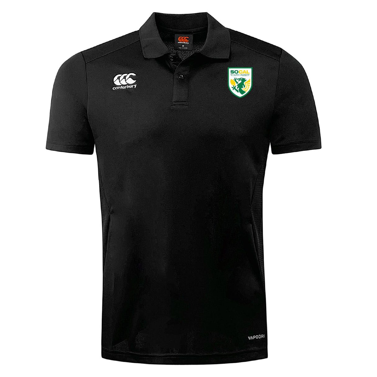 The SoCal Youth Rugby Club Dry Polo by EMB Canterbury is a black short-sleeve polo with a collar, featuring the Canterbury logo on the right chest and a green and yellow crest on the left. Made with Vapodri tech for breathable comfort.