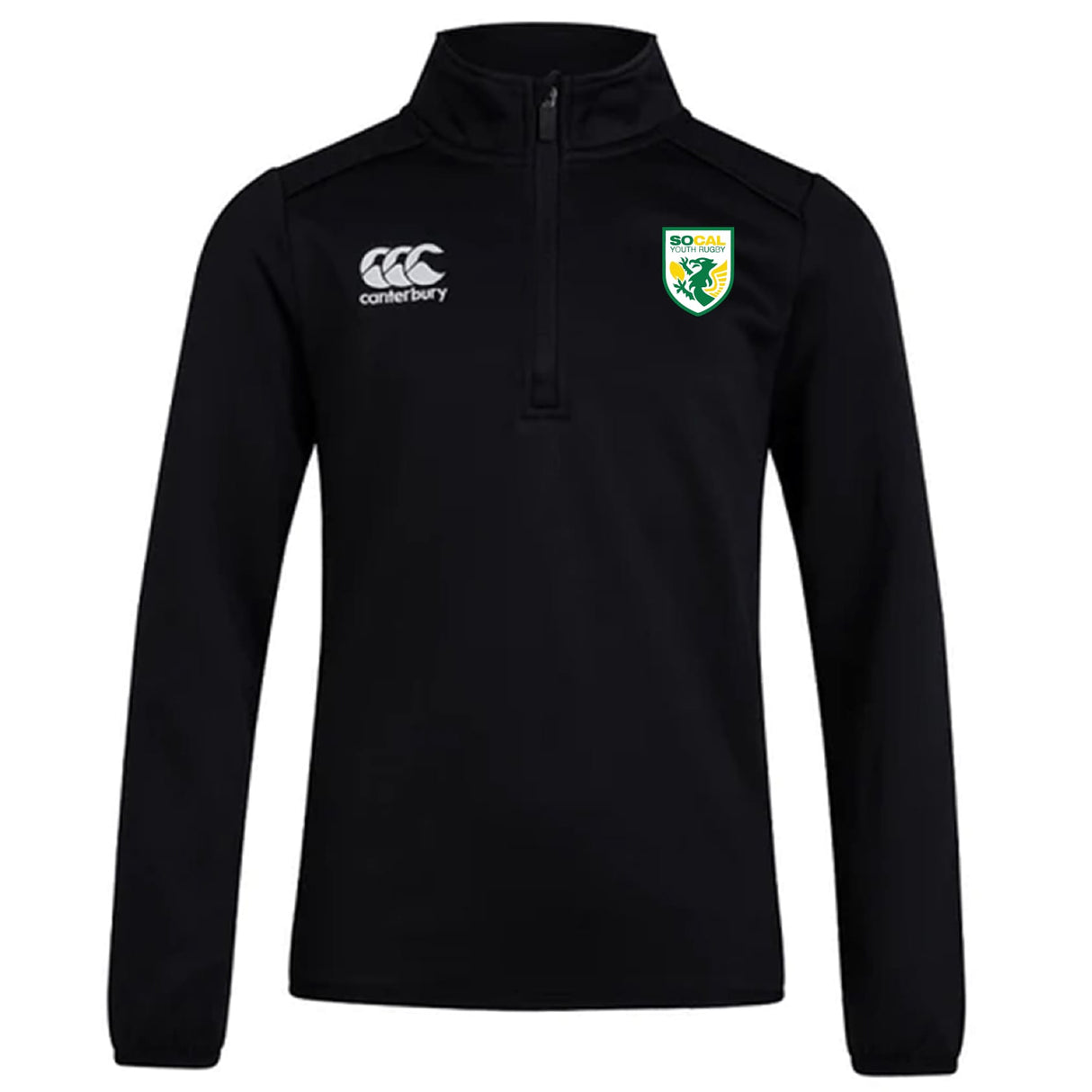 The SoCal Youth Rugby Club 1/4 Zip Mid Layer Training Top by EMB Canterbury is a black, long-sleeve training top with a 1/4 zip, featuring the Canterbury logo on the right chest and the SoCal badge on the left.