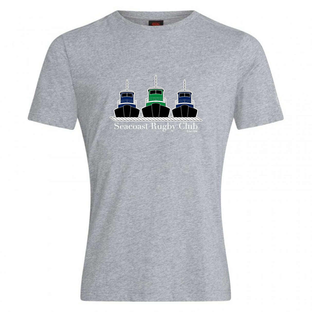 The Seacoast Rugby Club Club Plain Tee by Canterbury from WRS Canterbury is a gray cotton blend t-shirt with three tugboats and “Seacoast Rugby Club” text on the front—ideal comfortable wear for fans and players.