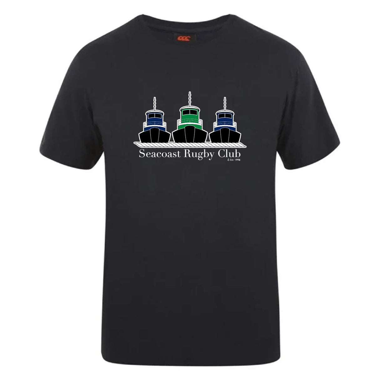 The Seacoast Rugby Club Club Plain Tee by WRS Canterbury is a black cotton blend shirt with three tugboat graphics in blue, green, and black above "Seacoast Rugby Club" on the front.