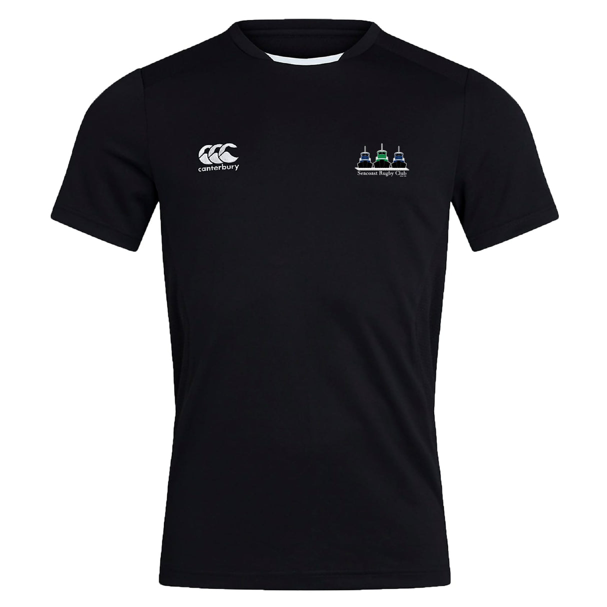 The Seacoast Rugby Club Club Dry Tee by EMB Canterbury is a breathable black short-sleeve shirt featuring the “Canterbury” logo on the right chest and a school crest on the left, perfect to keep you comfortable during any activity.