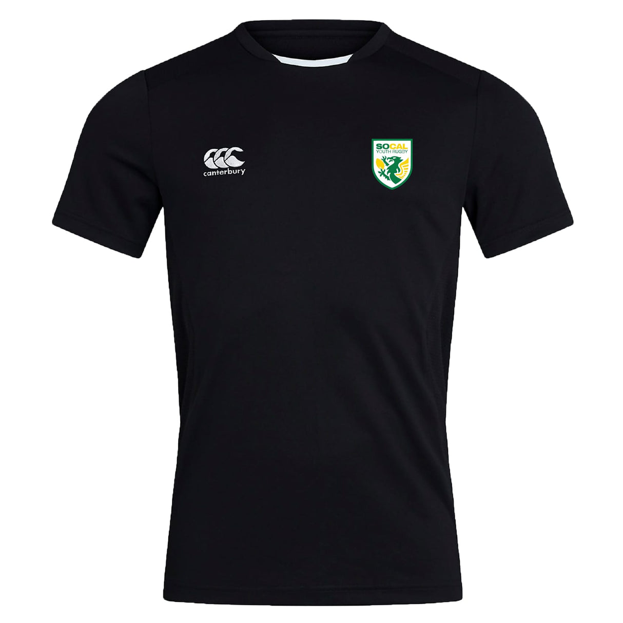 The SoCal Youth Rugby Club Dry Tee by EMB Canterbury is a black short-sleeve workout shirt with a right-chest Canterbury logo, left SoCal rugby crest, and breathable Vapodri technology—perfect for intense training sessions.