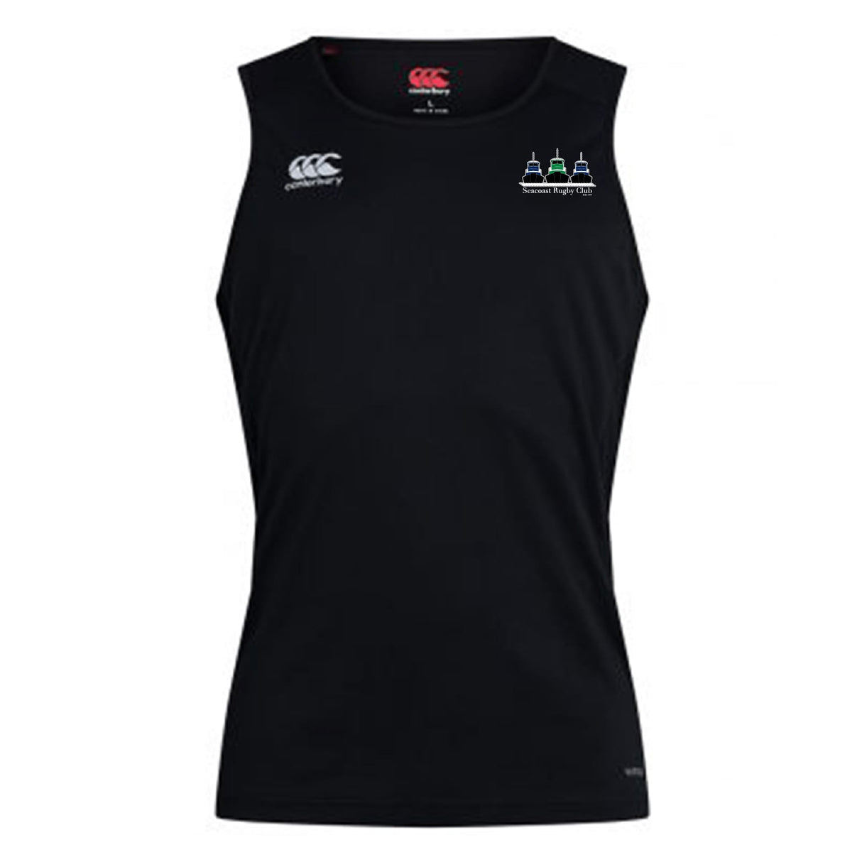 Sleeveless black Seacoast Rugby Club Club Dry Singlet by EMB Canterbury, featuring Vapodri Technology, small white Canterbury logos, and an embroidered "Seacoast Rugby Club" emblem on the left chest—ideal athletic gear.