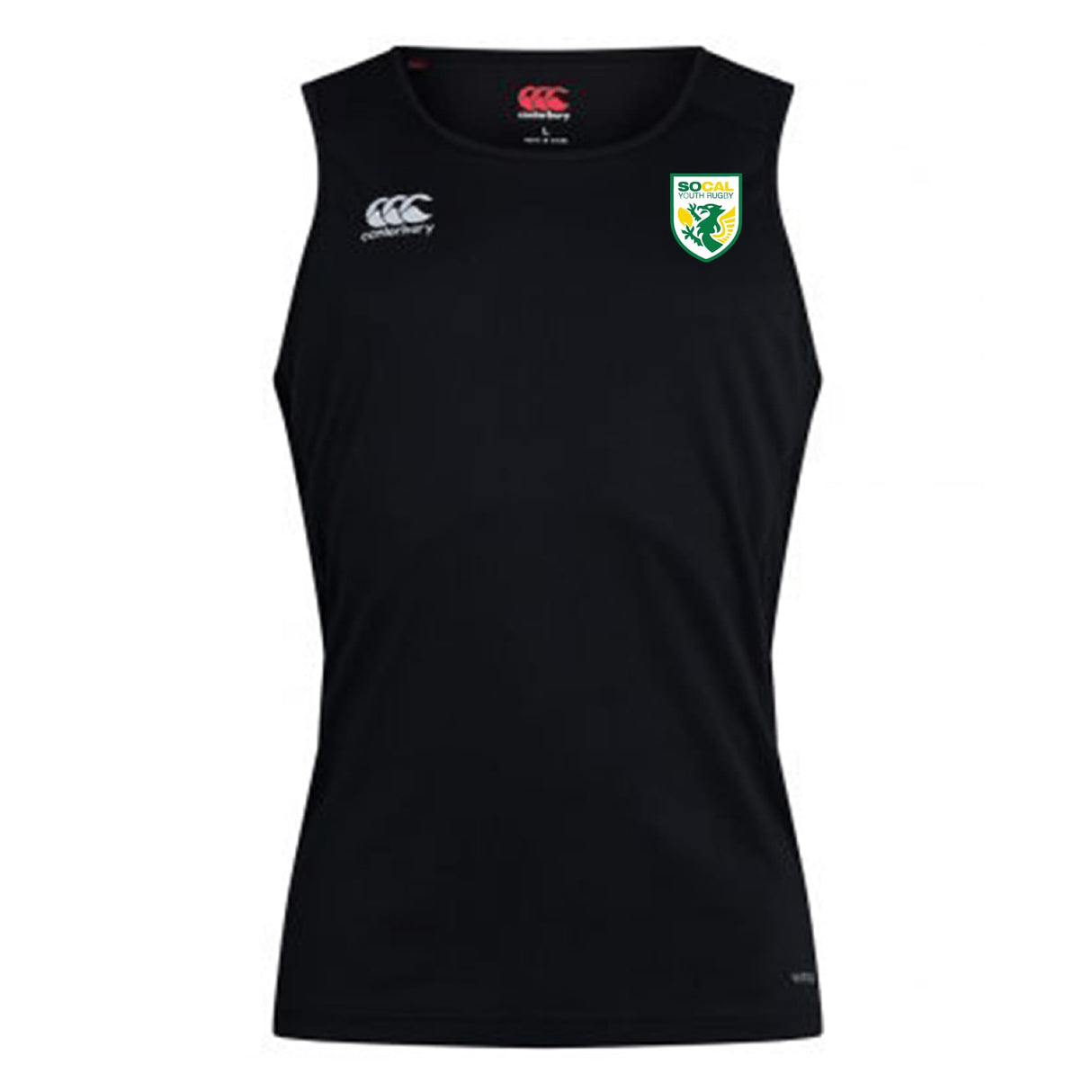 The SoCal Youth Rugby Club Dry Singlet by EMB Canterbury is a sleeveless black top with white logos and a green-and-white SO-CAL rugby crest, crafted with Vapodri Technology for superior athletic performance.