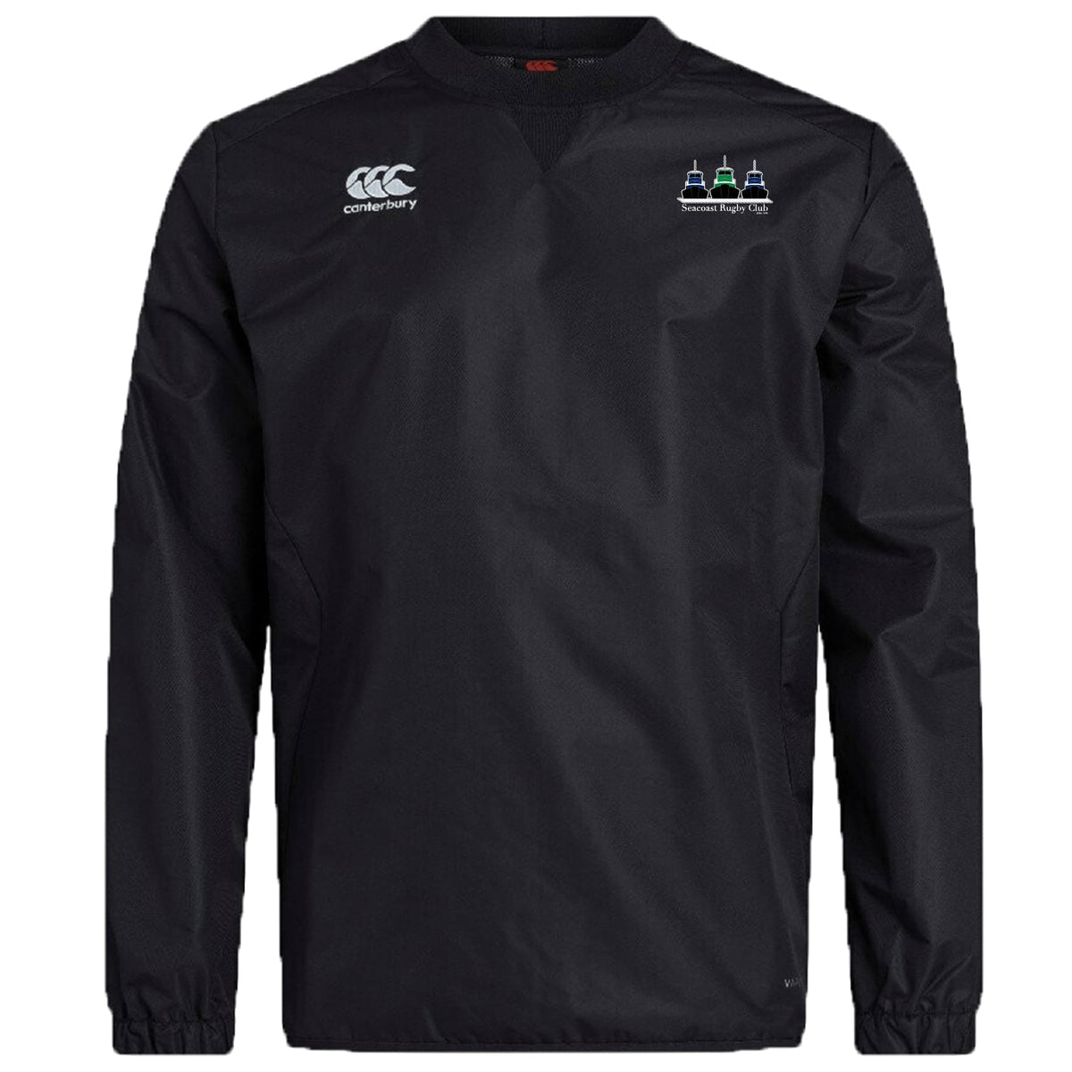 The Seacoast Rugby Club Club Vaposhield Contact Top by Canterbury features the EMB Canterbury logo on the right chest and a Three Peaks Ultra event logo on the left, crafted with Vaposhield technology for premium performance.