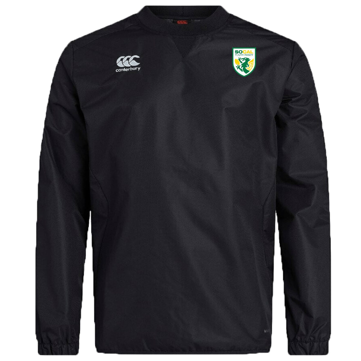 The EMB Canterbury SoCal Youth Rugby Club Vaposhield Contact Top is a black long-sleeve pullover with Vaposhield tech, featuring the Canterbury logo on the right chest and SoCal Rugby logo left—ideal as a customizable rugby top.