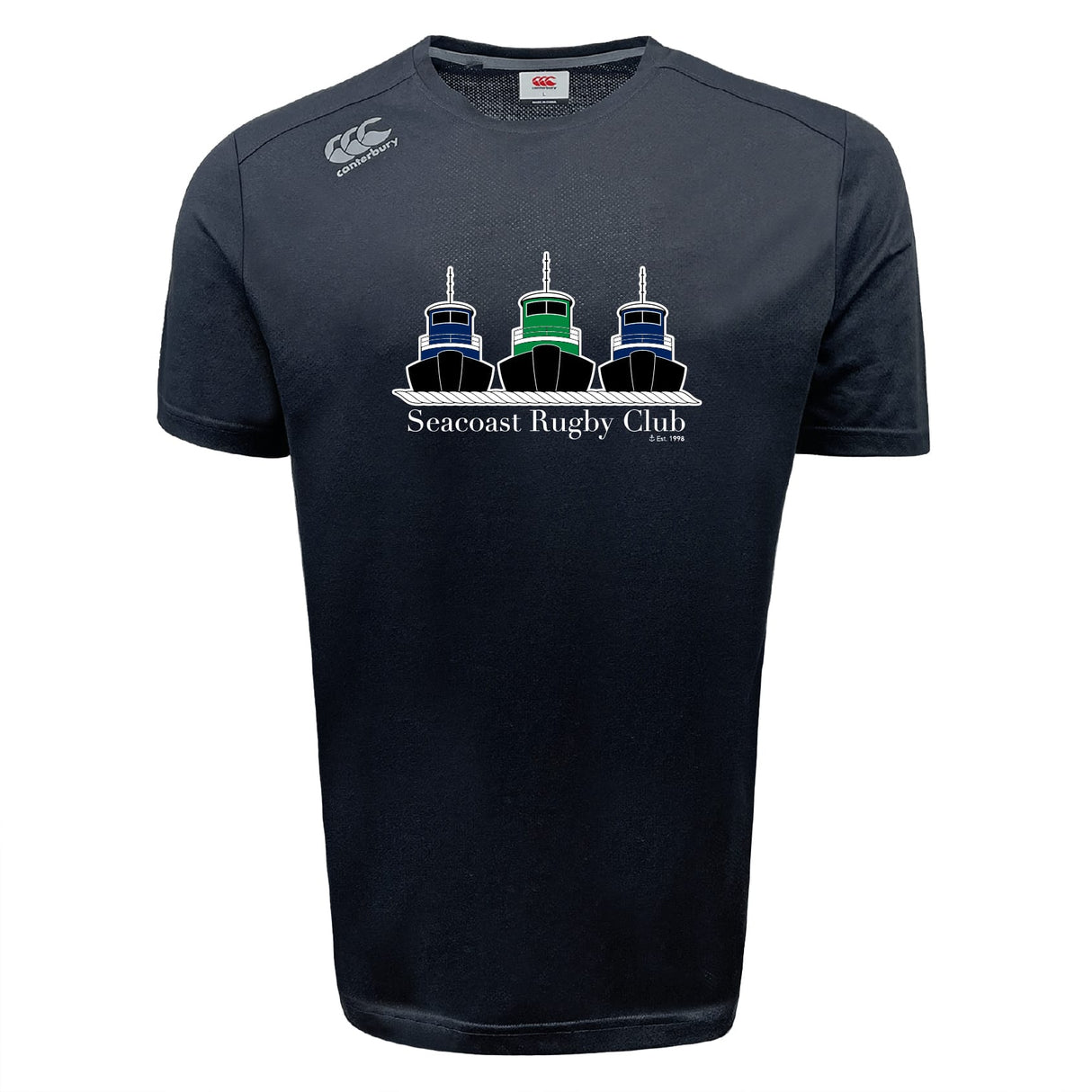 The Seacoast Rugby Club Tempo Vapodri T-Shirt by WRS Canterbury features three tugboats above the club name on a black sports tee. Made from moisture-wicking fabric for comfort, it's ideal for both on and off the field.