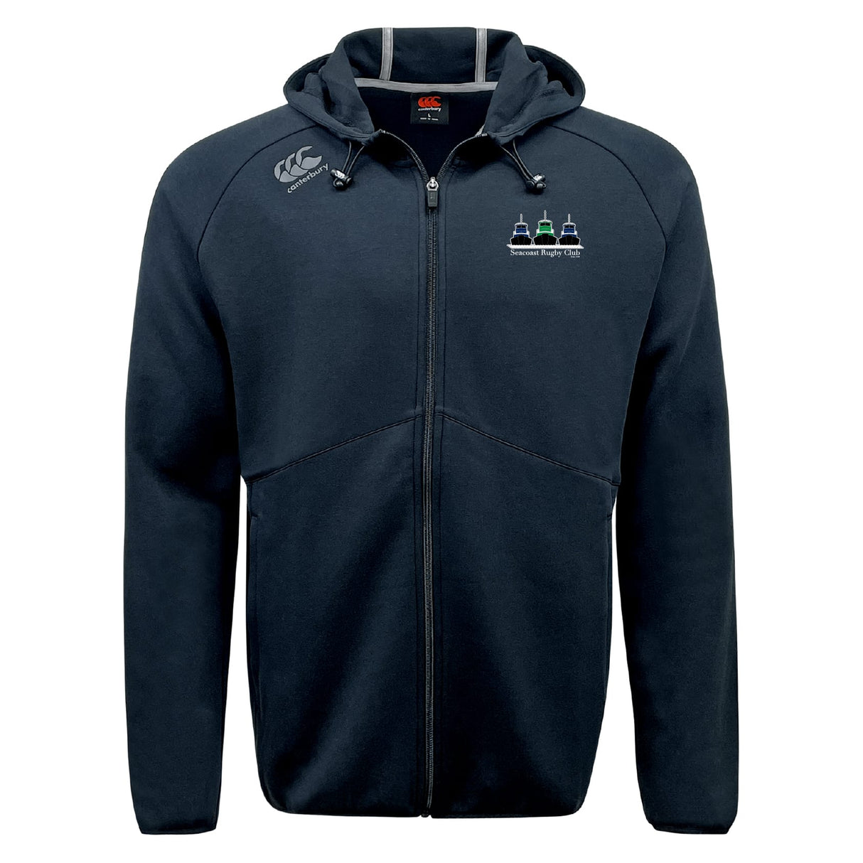The Seacoast Rugby Club Tempo Vapodri Full-Zip Hoodie by EMB Canterbury features a hood, drawstrings, and two chest logos—a white logo on the right and a small multicolored one on the left. Moisture-wicking fabric keeps you comfortable all day.