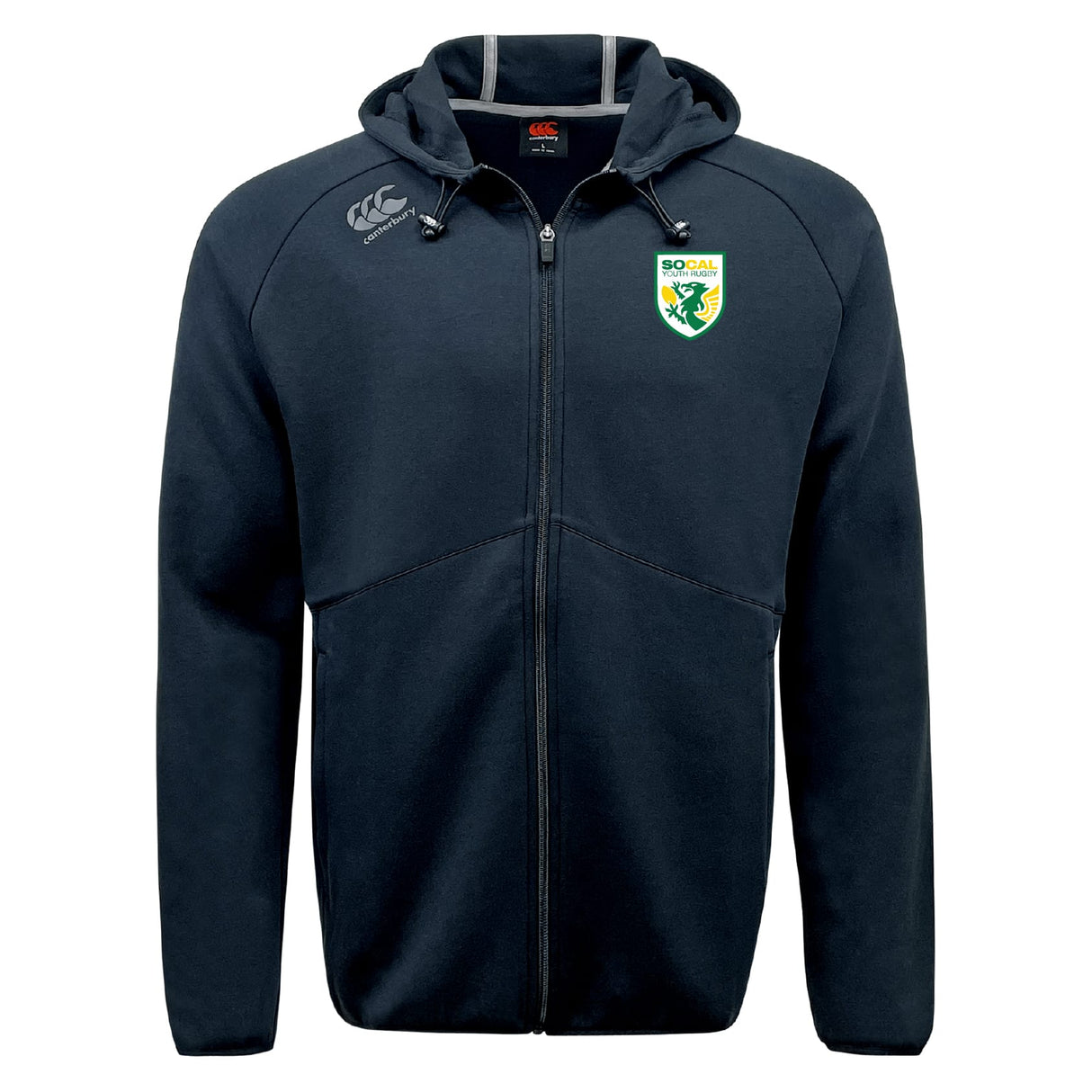 The SoCal Youth Rugby Tempo Vapodri Full-Zip Hoodie by EMB Canterbury features a zip front, hood, SO-CAL team logo on the chest, and Canterbury branding. Its moisture-wicking fabric keeps you comfortable and stylish on or off the field.