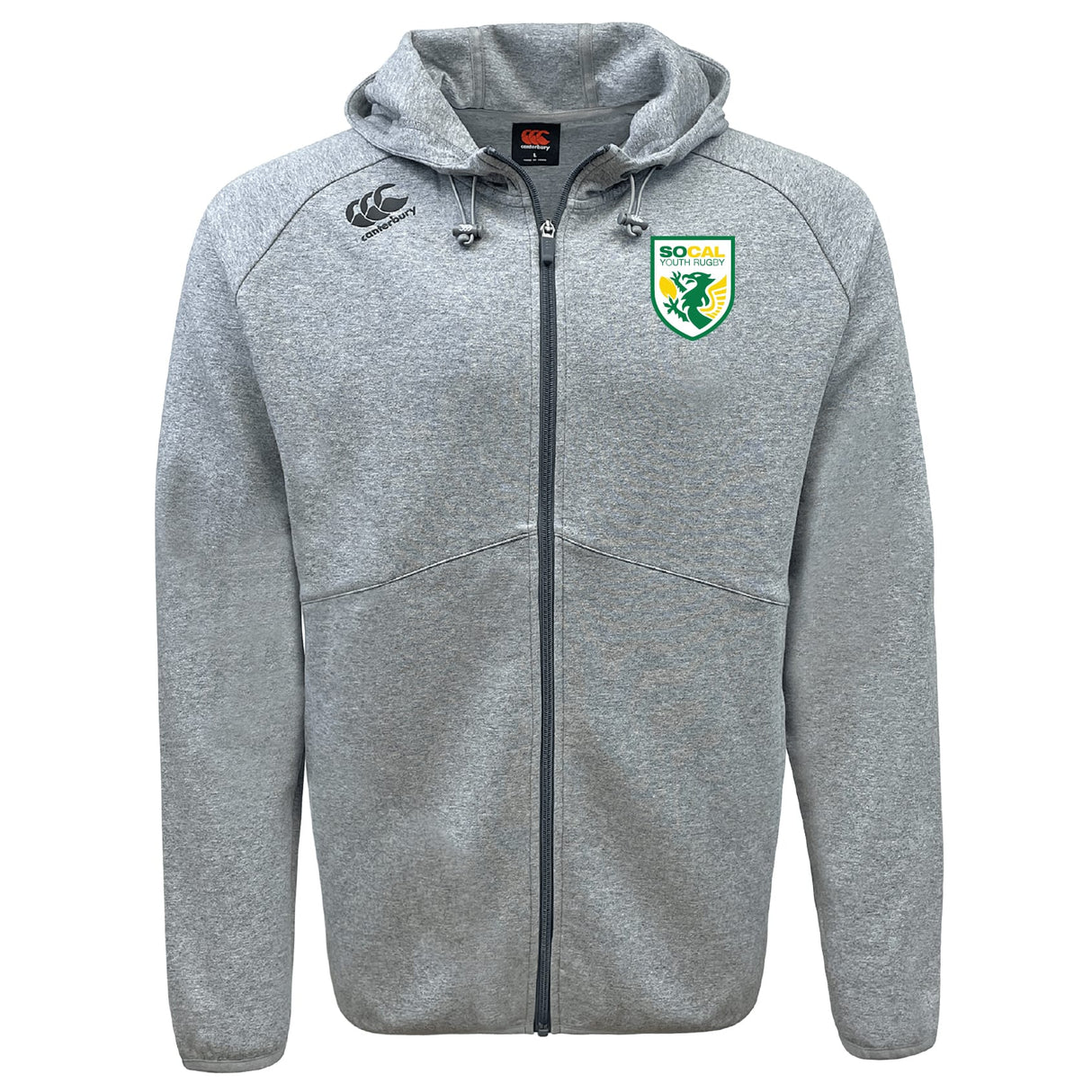 The SoCal Youth Rugby Tempo Vapodri Full-Zip Hoodie by EMB Canterbury features a light gray design, hood, black Canterbury logo on the right chest, SoCal Rugby crest on the left, and VapoDri tech for moisture-wicking comfort.