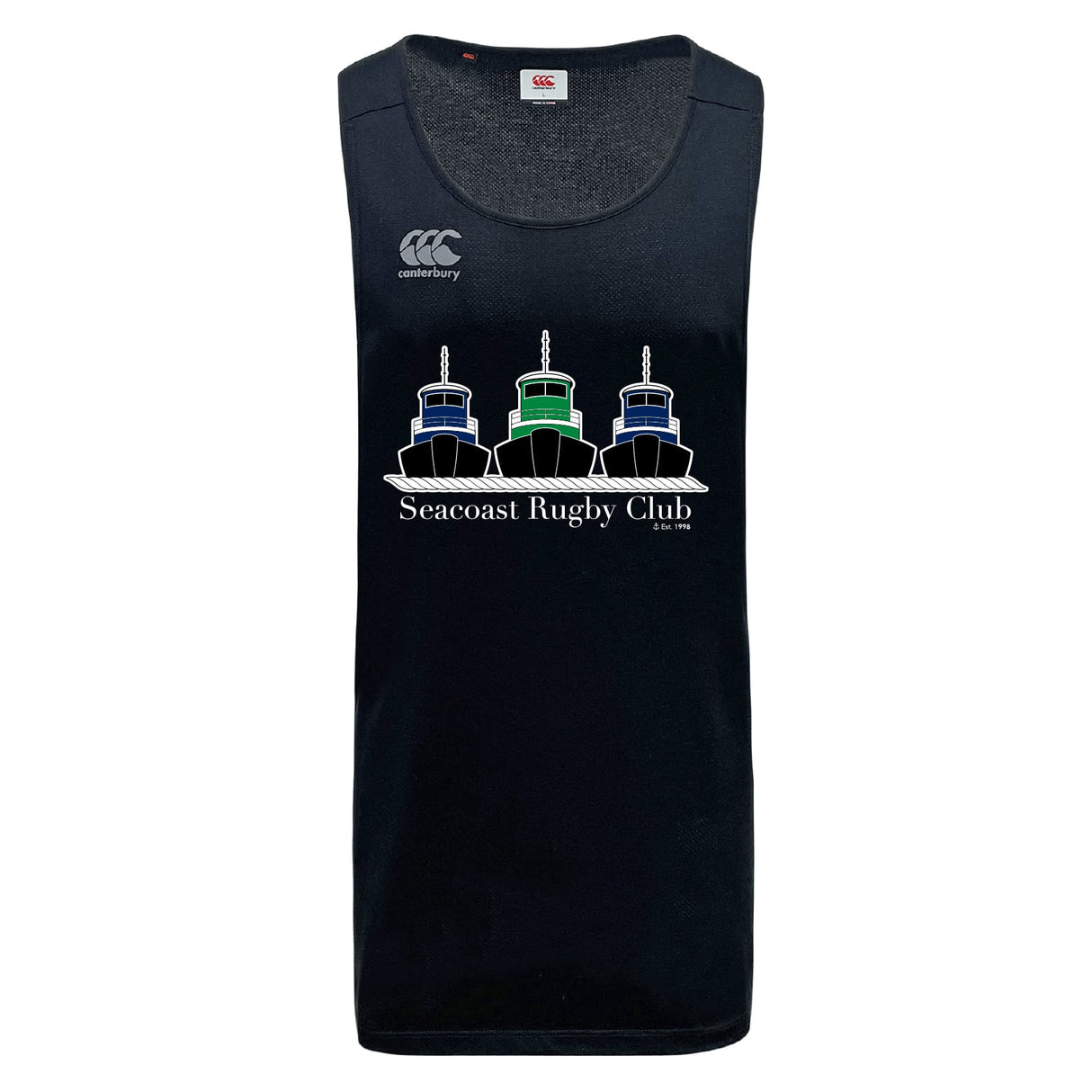 The Seacoast Rugby Club Tempo Vapodri Singlet by WRS Canterbury is a black sleeveless jersey with three tugboats and "Seacoast Rugby Club Est. 2019" on the front, plus a shoulder Canterbury logo and breathable VapoDri technology.