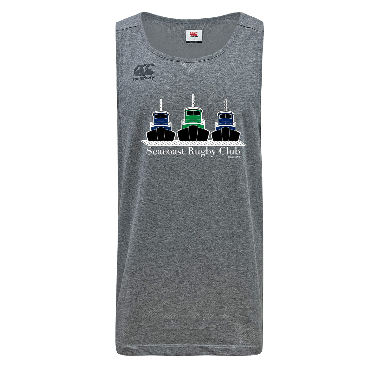 The Seacoast Rugby Club Tempo Vapodri Singlet by WRS Canterbury is a gray tank top with three tugboats and "Seacoast Rugby Club" on the front, made from recycled polyester for comfort and sustainability.