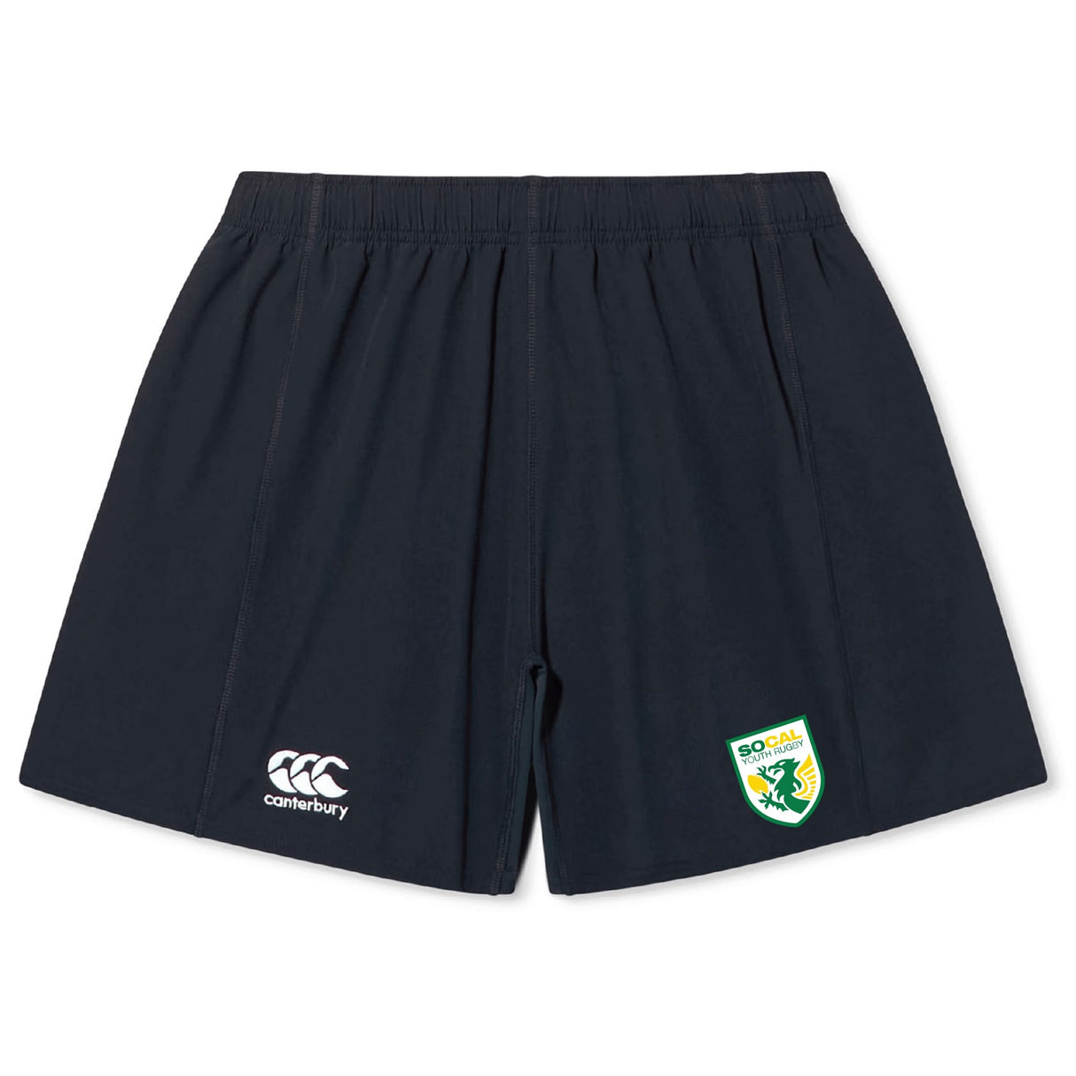 The SoCal Youth Rugby Yokohama Short by EMB Canterbury features a navy blue design, elastic waistband, a white Canterbury rugby logo on the left leg, and a SoCal team crest on the right leg.