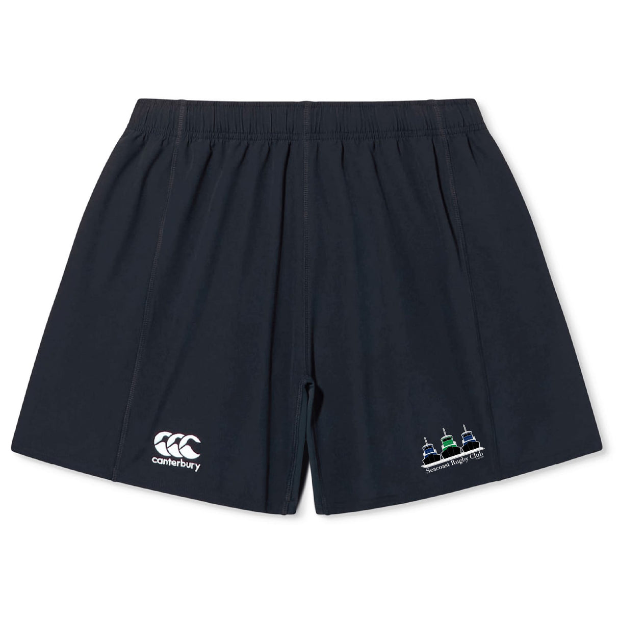 The Seacoast Rugby Club Yokohama Short by EMB Canterbury is a black, lightweight, durable rugby short with an elastic waistband, Canterbury logo on the left, and a small embroidered emblem on the right leg.