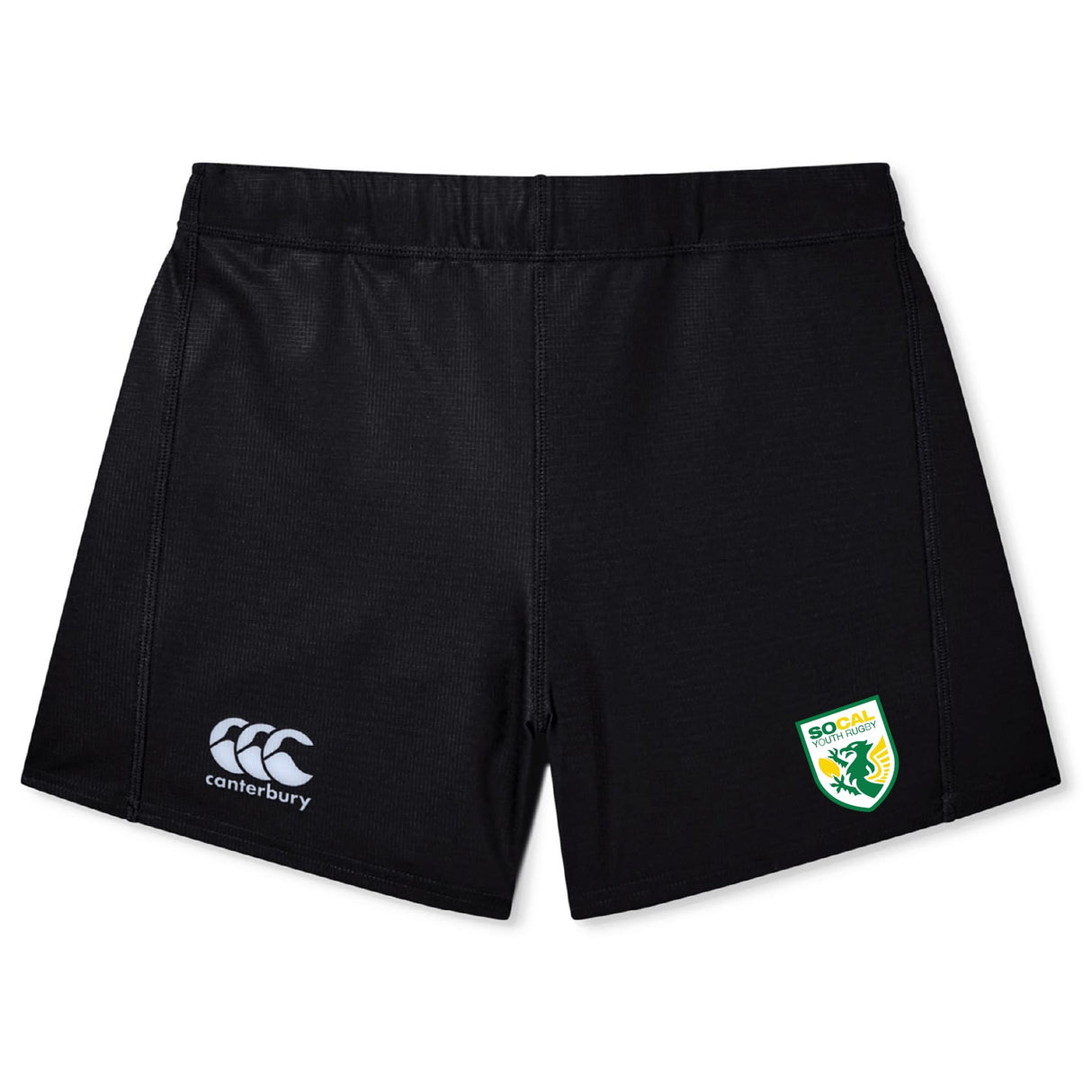 The SoCal Youth Rugby Women's Yokohama Short by EMB Canterbury features a white logo on the left leg and a SoCal rugby patch on the right, shown on a white background—ideal for women's rugby training or matches.