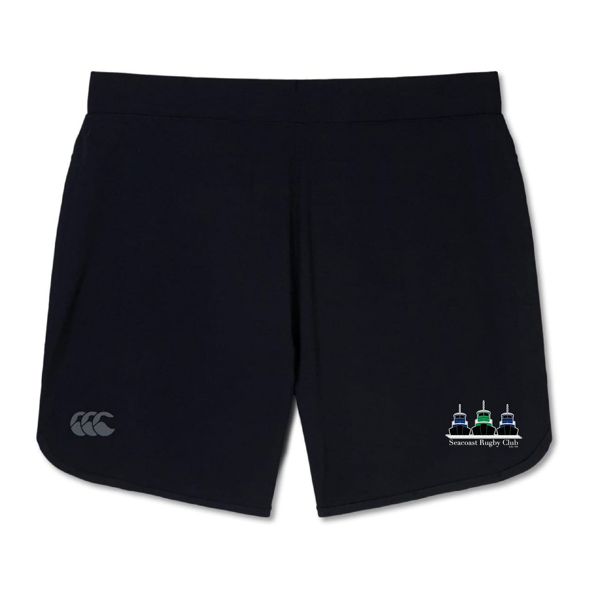 The Seacoast Rugby Club Elite Woven Short by EMB Canterbury features a small white and blue logo on the left leg and a Canterbury logo on the right—ideal for training or everyday workouts.
