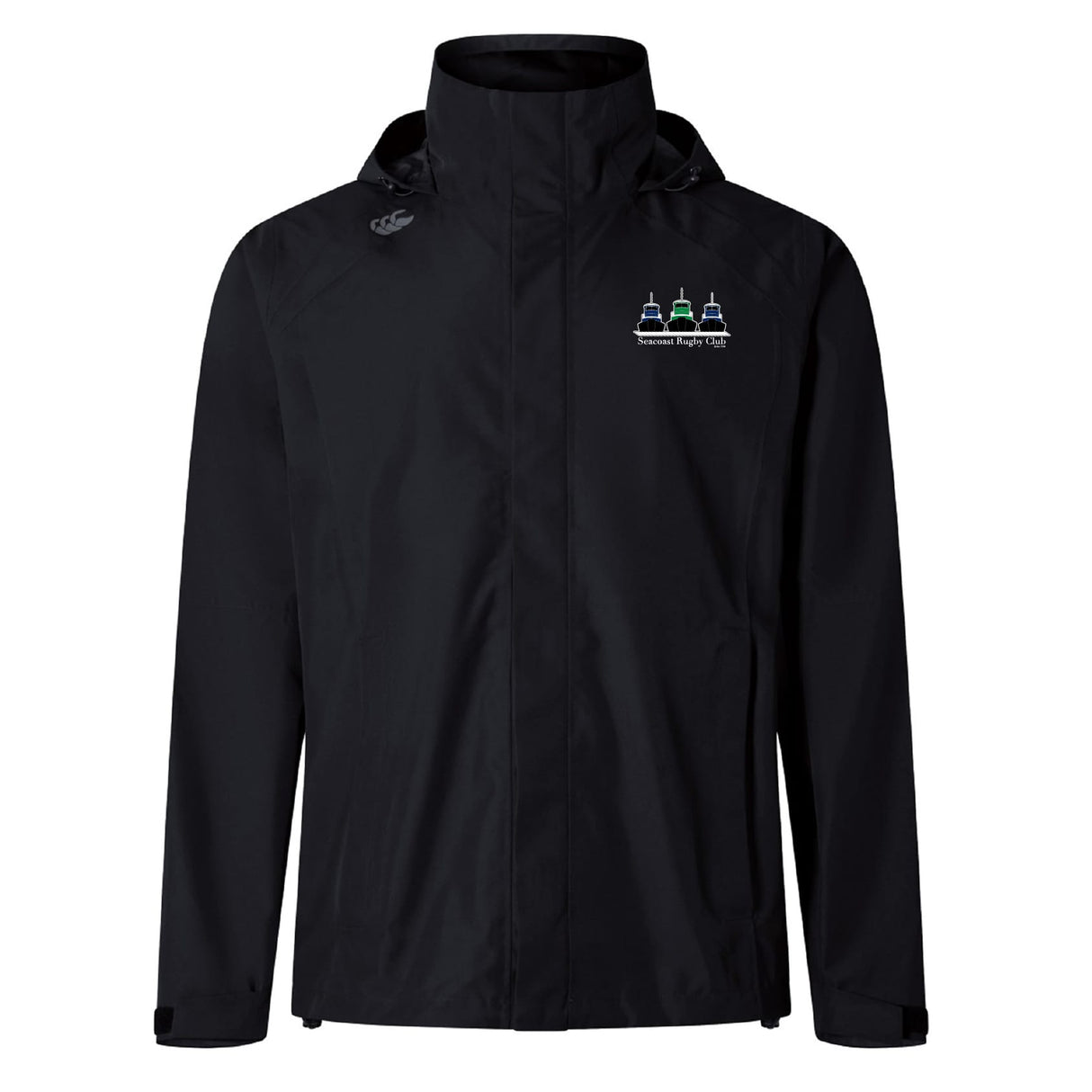 The Seacoast Rugby Club Elite Storm Jacket by EMB Canterbury is a black hooded jacket made from breathable fabric, featuring a small embroidered “Vancouver Rowing Club” three-rowboat logo on the left chest.