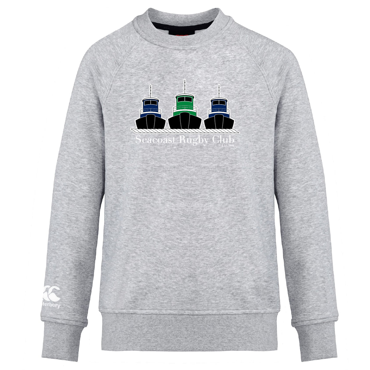 The Seacoast Rugby Club Club Crew Sweatshirt by WRS Canterbury features three tugboats in black, blue, and green above "Seacoast Rugby Club" on light gray, with an embroidered CCC logo for ultra-soft style and comfort.