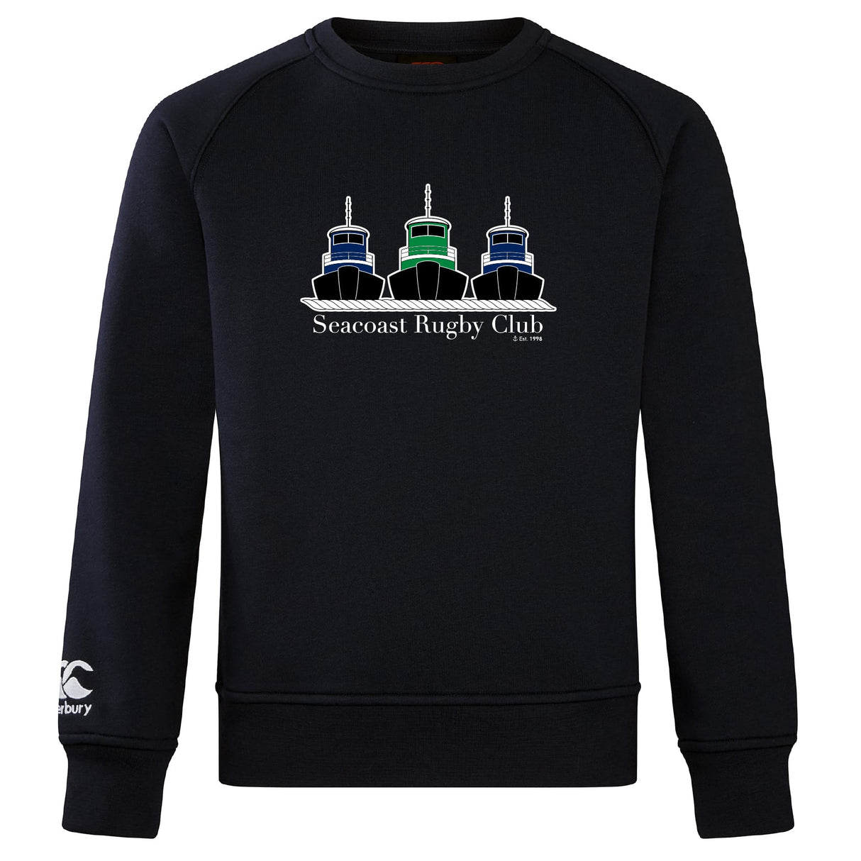 The Seacoast Rugby Club Club Crew Sweatshirt by WRS Canterbury features three tugboat illustrations, "Seacoast Rugby Club" text, and an embroidered CCC logo. This ultra soft black sweatshirt combines style and comfort.