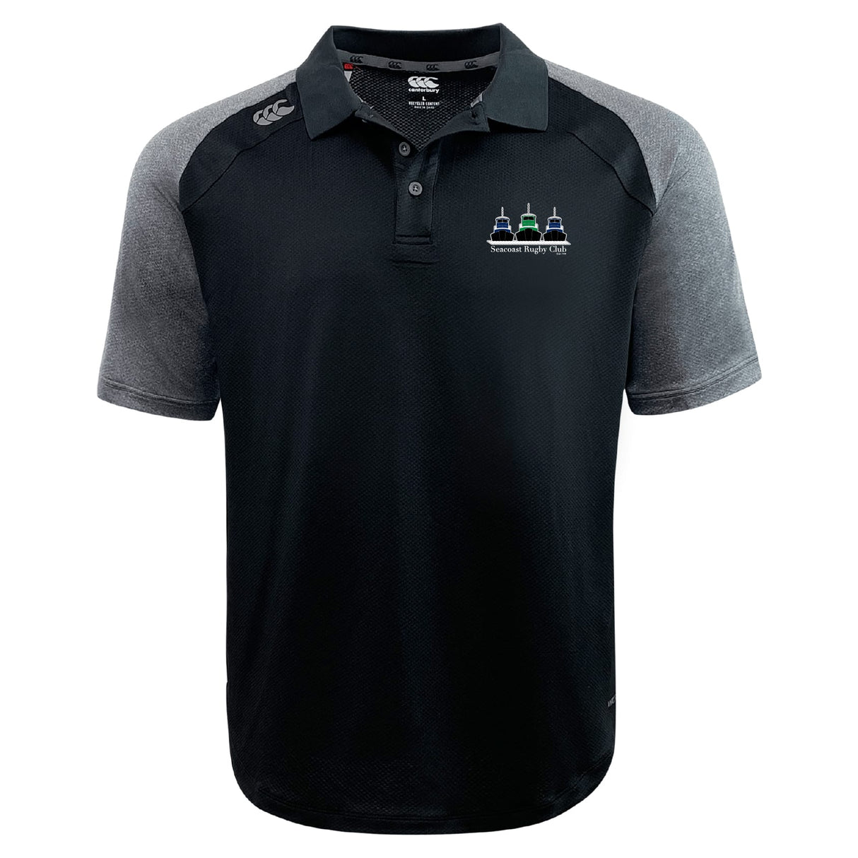 The Seacoast Rugby Club Elite Polo by EMB Canterbury is a black polo with gray sleeves, custom made and featuring a small embroidered three rugby post logo and "Samoan Rugby Life" text on the left chest.