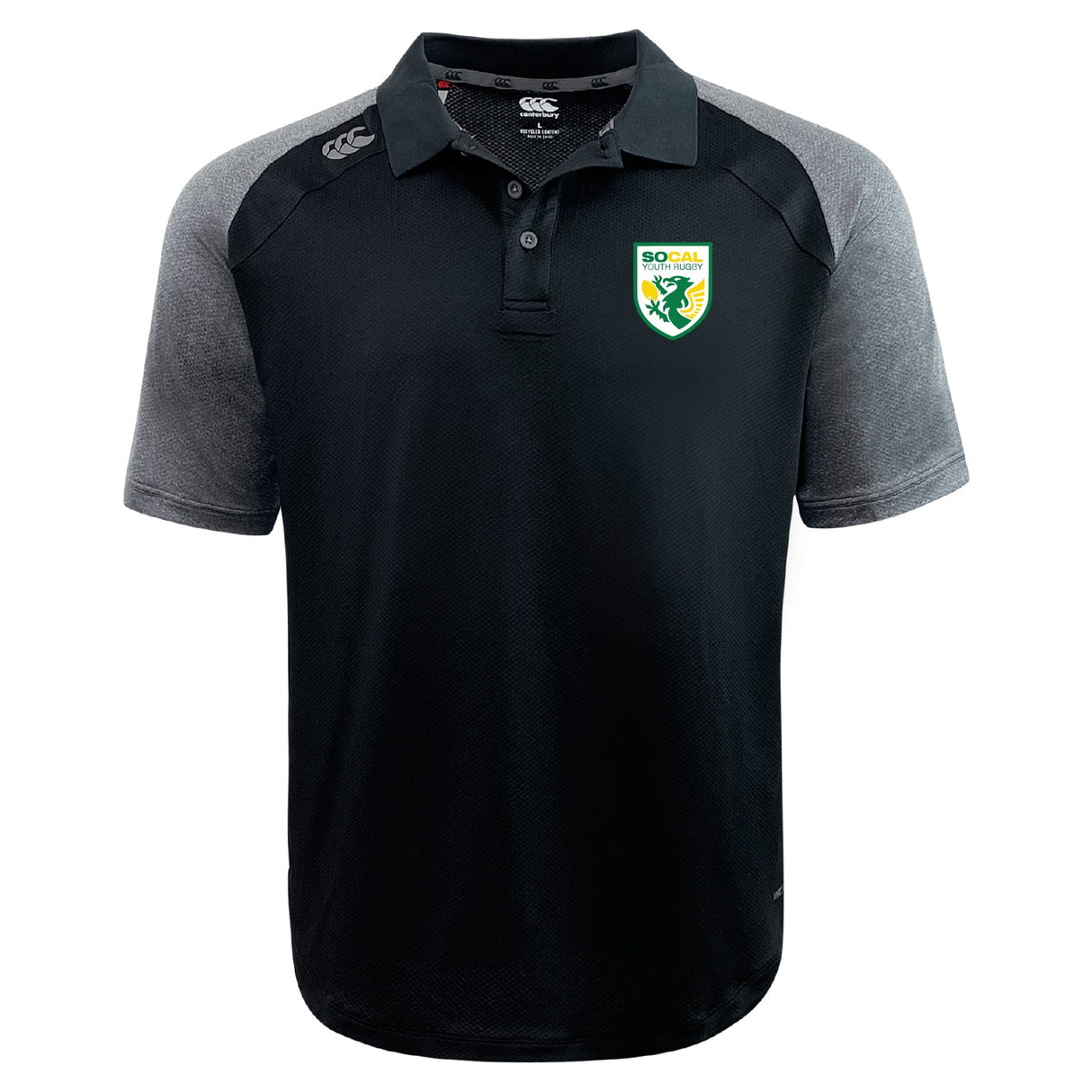 The SoCal Youth Rugby Elite Polo by EMB Canterbury features lightweight Vapodri fabric, a SoCal Rugby logo on the left chest, and the Canterbury logo on the right shoulder in black and gray.
