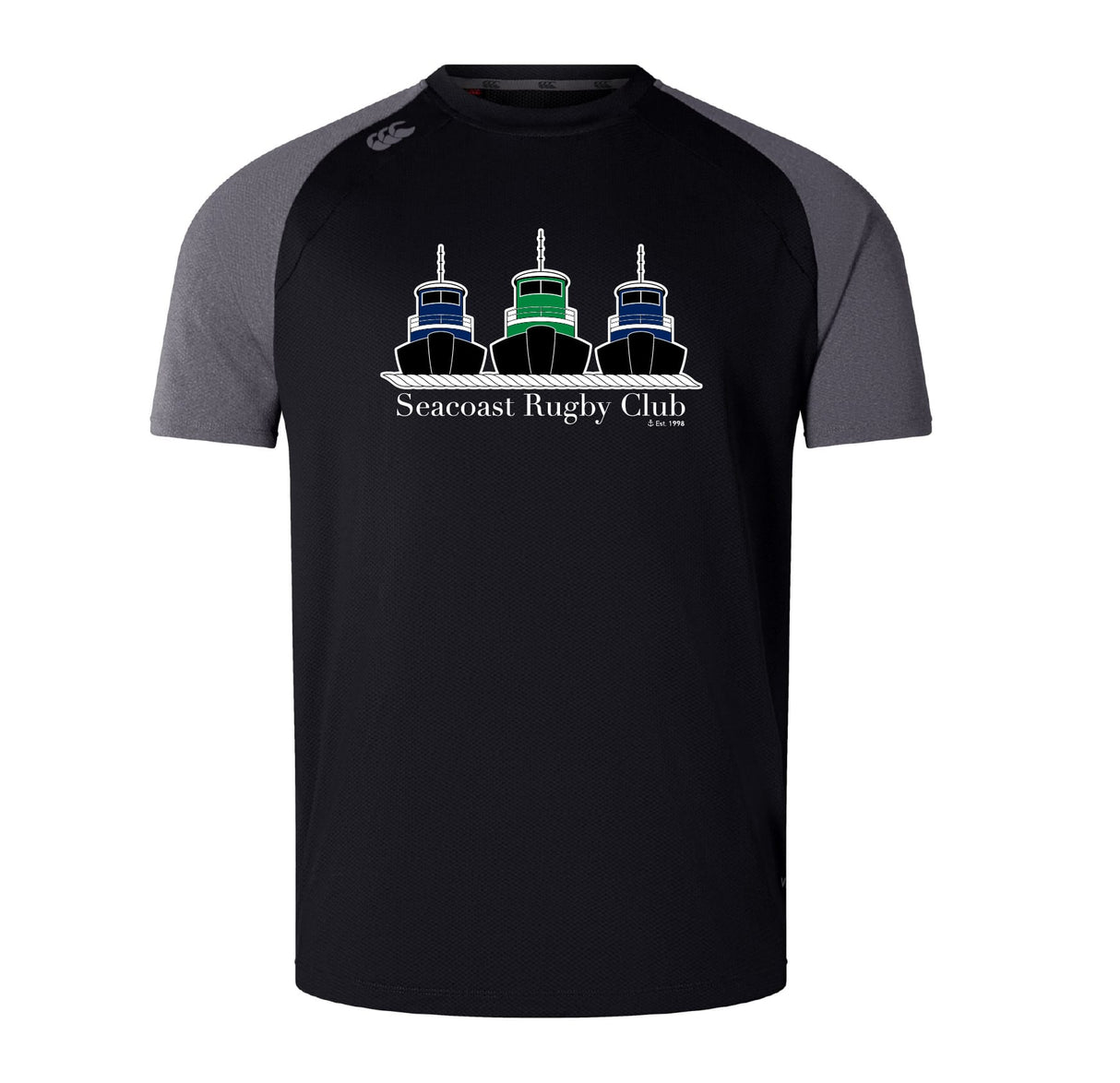 The Seacoast Rugby Club Elite Training Tee by WRS Canterbury is a lightweight, durable black and grey shirt featuring three stylized tugboats and "Seacoast Rugby Club" printed on the front.