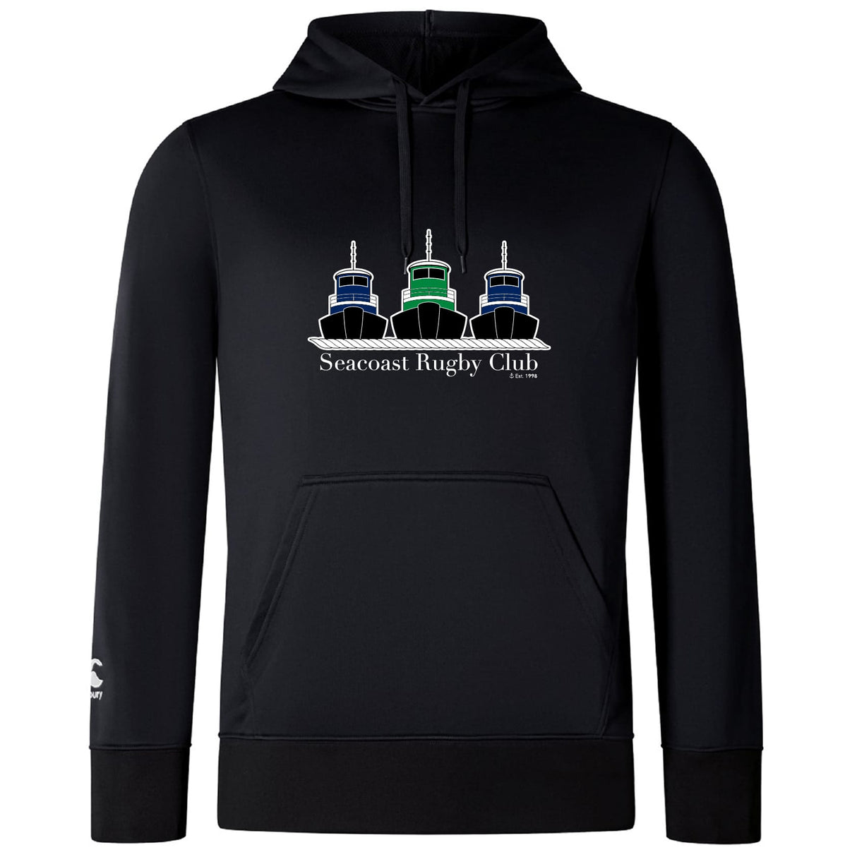 The Seacoast Rugby Club Lightweight Hoodie by WRS Canterbury is a black hoodie with three tugboats in blue, green, and black above “Seacoast Rugby Club” and “Est. 1974.” Custom-made for Canterbury fans.
