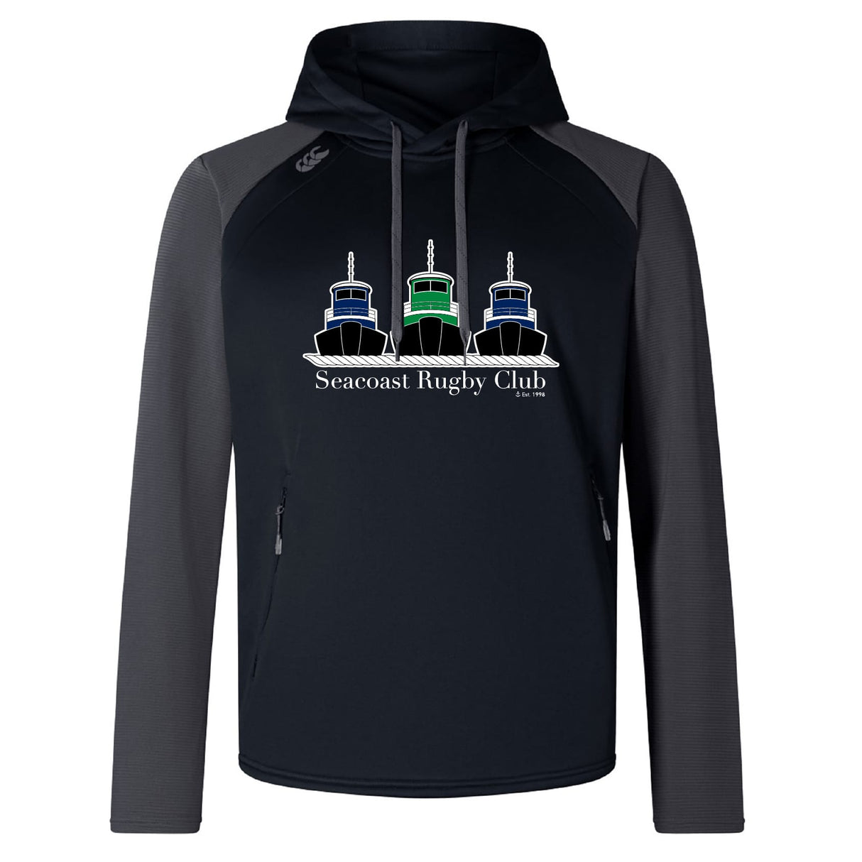 The Seacoast Rugby Club Elite Training Hoody by WRS Canterbury is a black and gray performance hoodie with three tugboats and "Seacoast Rugby Club" on the front.