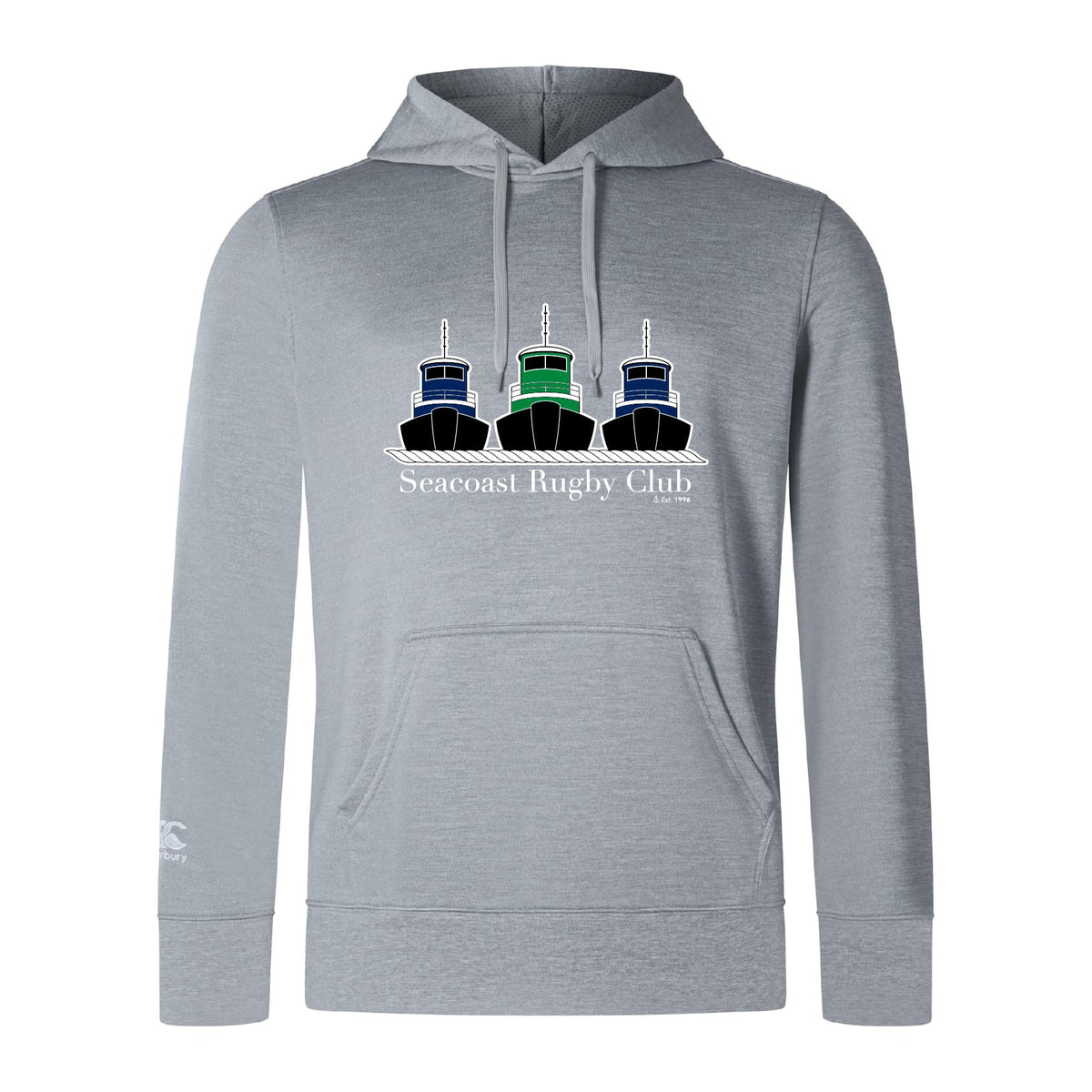 The Seacoast Rugby Club Club Lightweight Hoodie by WRS Canterbury features three tugboats in black, blue, and green above "Seacoast Rugby Club"—a light gray custom piece perfect for fans.