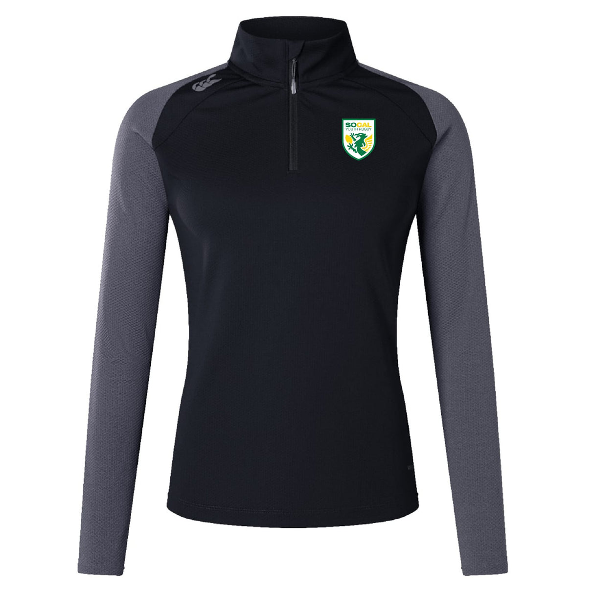 The SoCal Youth Rugby Women's Elite First Layer by EMB Canterbury is a black and gray long-sleeve zip-up athletic top with VapoDri moisture-wicking tech, featuring a sports logo on the left chest and the Canterbury logo on the right shoulder.