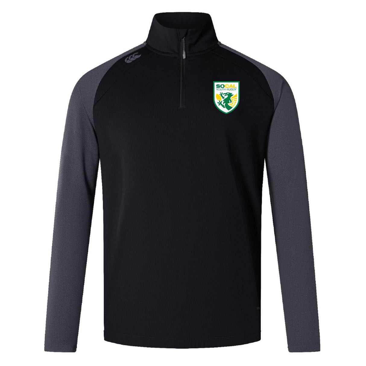 The SoCal Youth Rugby Elite First Layer by EMB Canterbury is a black and gray long-sleeve quarter-zip pullover with the SoCal Youth Rugby logo on the left chest and Canterbury branding on the right shoulder—ideal for rugby training.