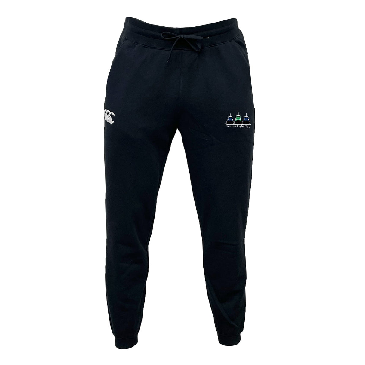 The Seacoast Rugby Club Leisure Sweatpant by EMB Canterbury is a black jogger with a drawstring waist, made from recycled polyester fleece, featuring a white logo on the left thigh and colorful embroidery on the right.