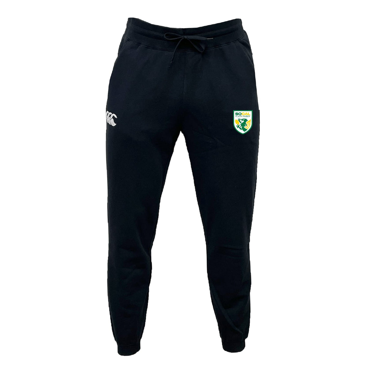 The SoCal Youth Rugby Leisure Sweatpant by EMB Canterbury features a drawstring waist, a white "CCC" logo on the left hip, and a green and yellow crest on the right thigh.