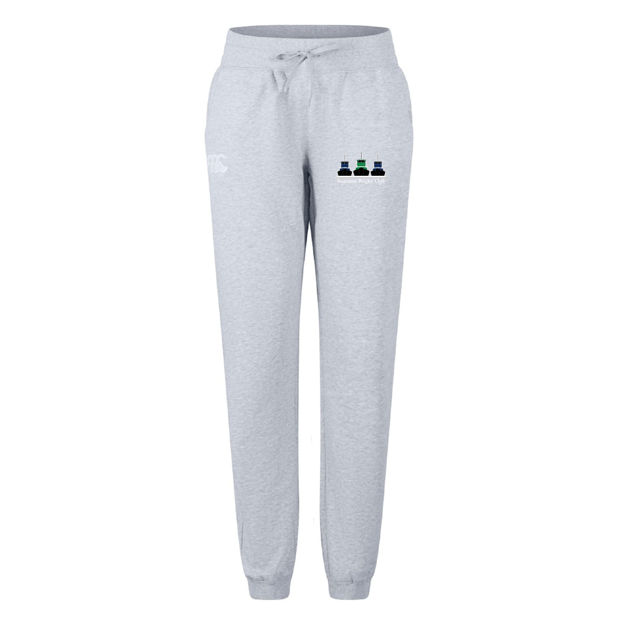 The Seacoast Rugby Club Women's Leisure Sweatpant by EMB Canterbury features a light gray color, drawstring waist, and three small bottle graphics on the left thigh—crafted for comfort and style.