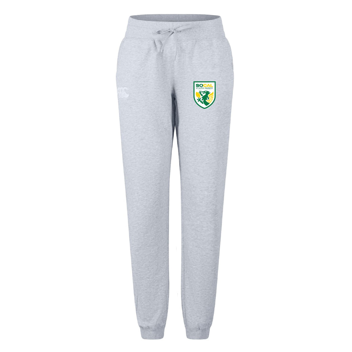 The SoCal Youth Rugby Women’s Leisure Sweatpant by EMB Canterbury features a light gray design, drawstring waist, and team logo with a yellow and green shield on the thigh. Made from soft organic cotton for all-day comfort.