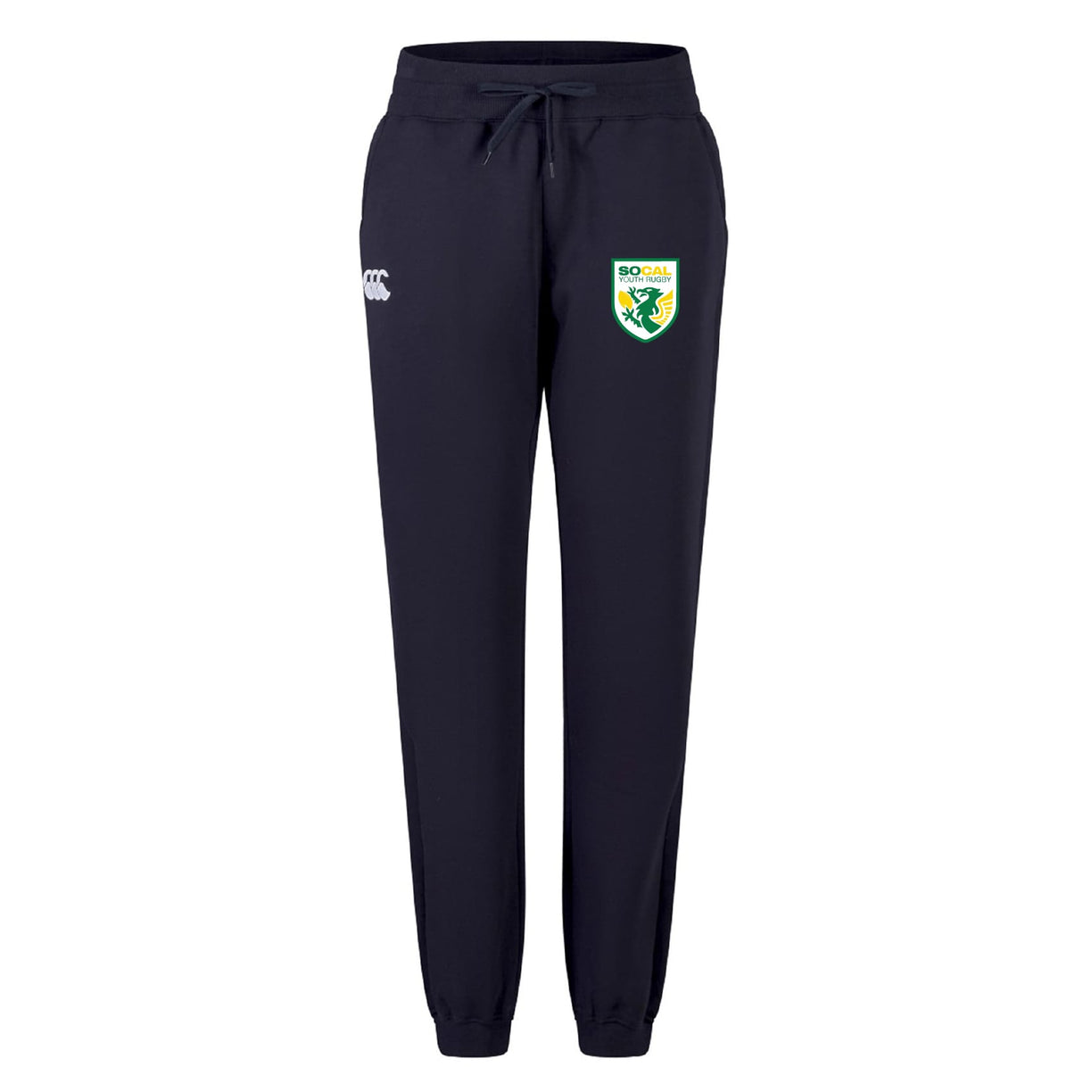 The SoCal Youth Rugby Women's Leisure Sweatpant by EMB Canterbury features navy organic cotton, a drawstring waist, a white Canterbury logo, and a green and yellow SODAL crest—ideal for women's leisurewear.