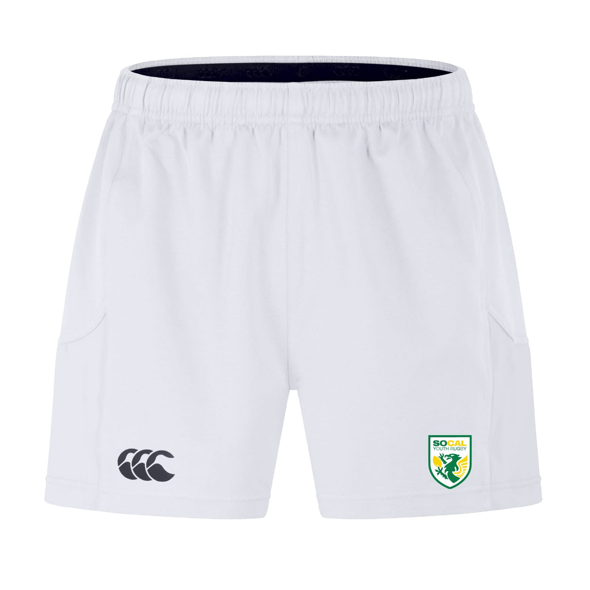 The SoCal Youth Rugby Advantage Short 2.0 by EMB Canterbury features the logo on the left hem and a SoCal rugby badge, ideal for sustainable sportswear fans and performance training.
