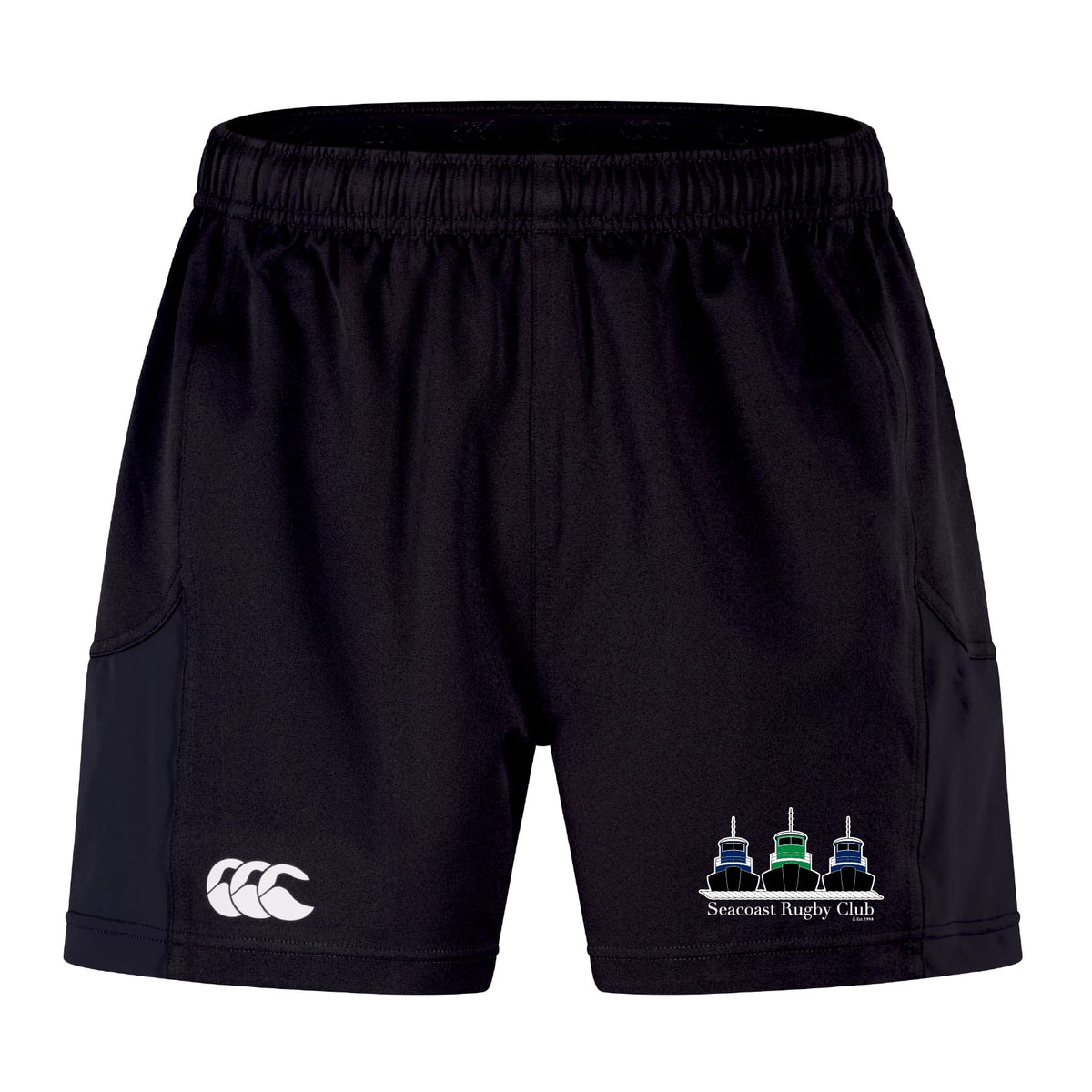 The EMB Canterbury Seacoast Rugby Club Advantage Short 2.0 features an elastic waistband, white Canterbury logo on the left leg, and club logo on the right—perfect for sustainable sportswear fans.