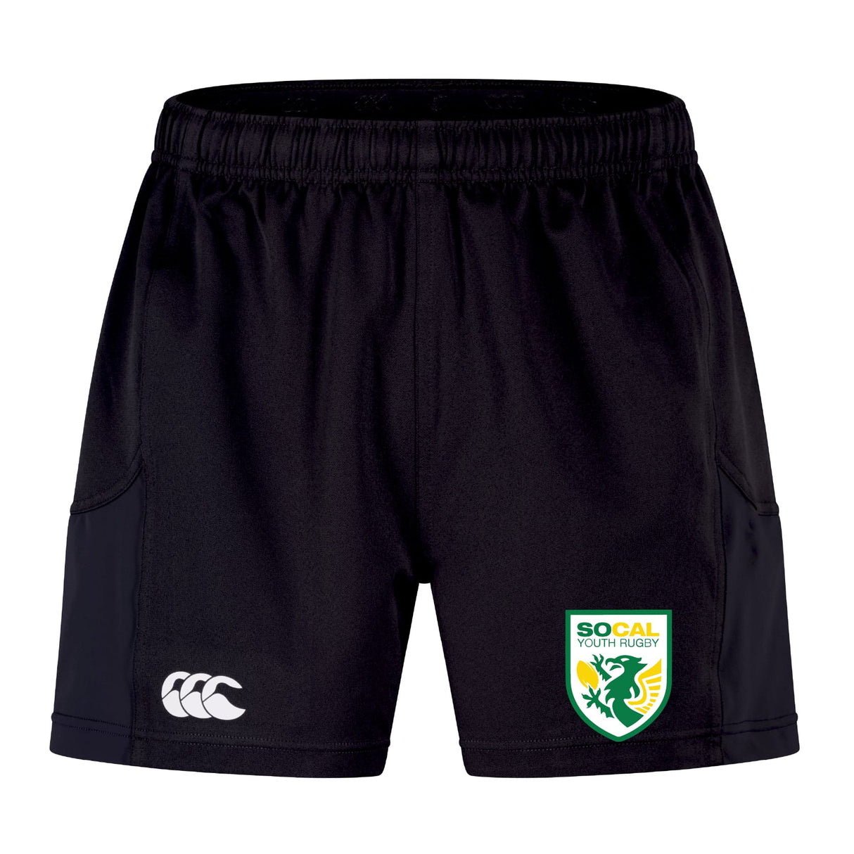 The SoCal Youth Rugby Advantage Short 2.0 by EMB Canterbury features a white Canterbury logo on the left leg and a SoCal Youth Rugby crest on the right, combining comfort with sustainable sportswear for training.