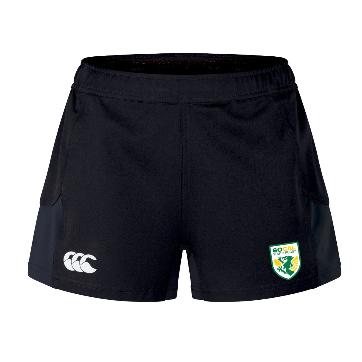 The SoCal Youth Rugby Women's Advantage Short 2.0 by EMB Canterbury are black recycled performance shorts with a white Canterbury logo on the left leg and a So Cal Rugby crest on the right leg.