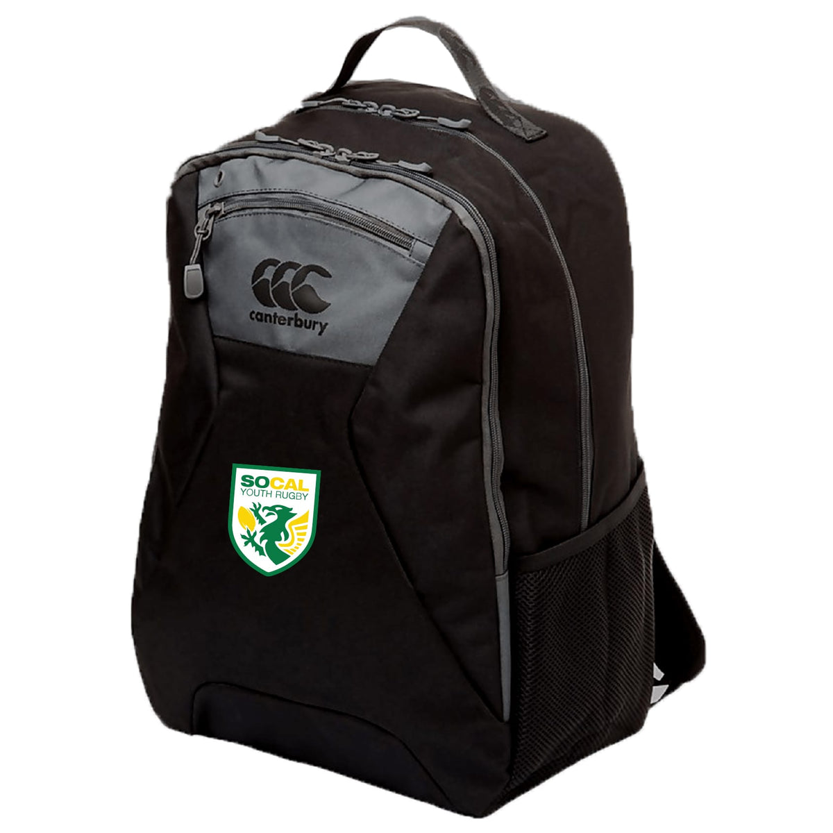 The EMB Canterbury SoCal Youth Rugby Medium Backpack features black fabric with gray accents, a top handle, multiple zippered compartments, a padded laptop pocket, mesh side pocket, and a SoCal Youth Rugby patch on the front.