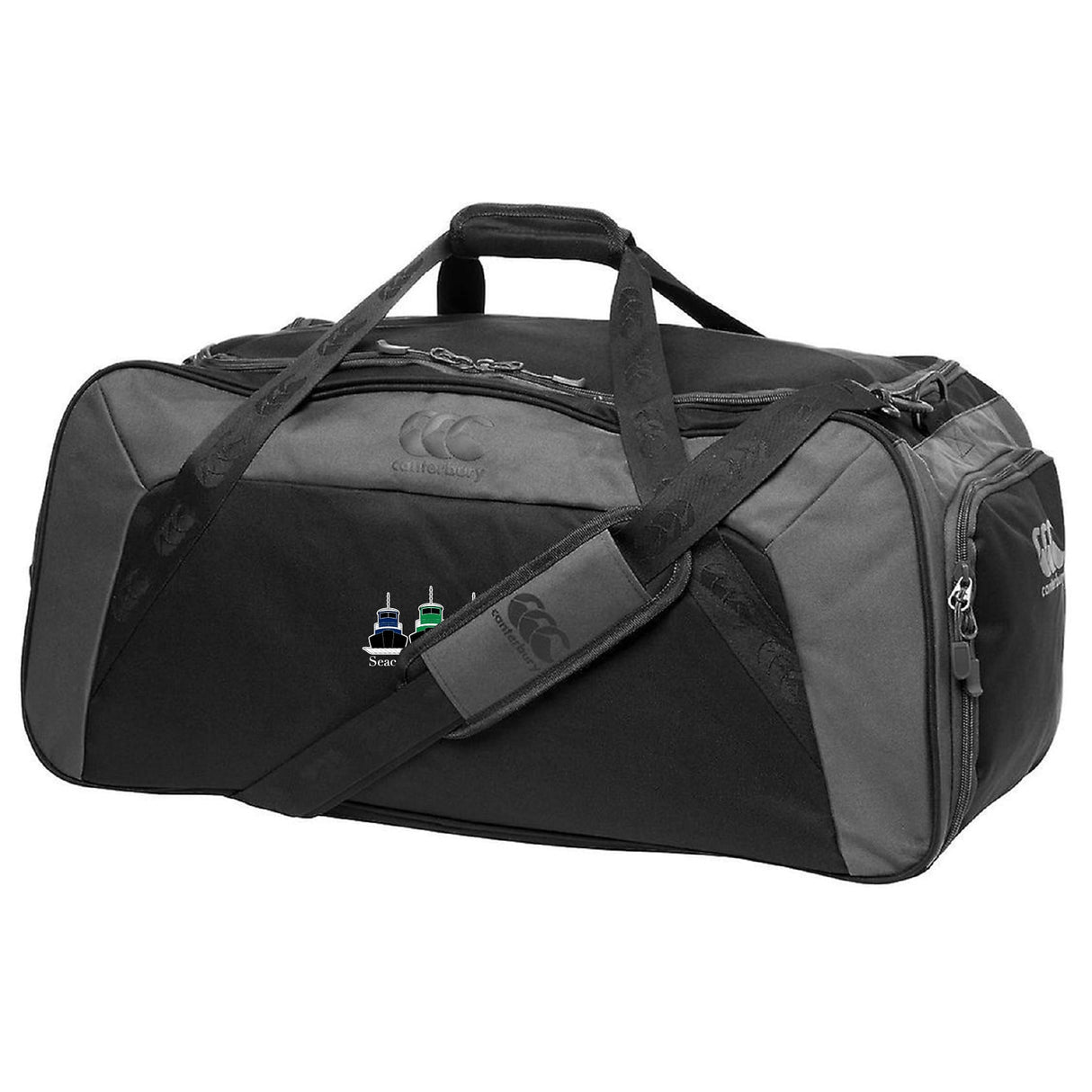 The Seacoast Rugby Club Holdall Duffle Bag by EMB Canterbury features a water-repellent finish, shoulder strap, side pocket, and triple-bottle embroidery—ideal as a versatile rugby bag.