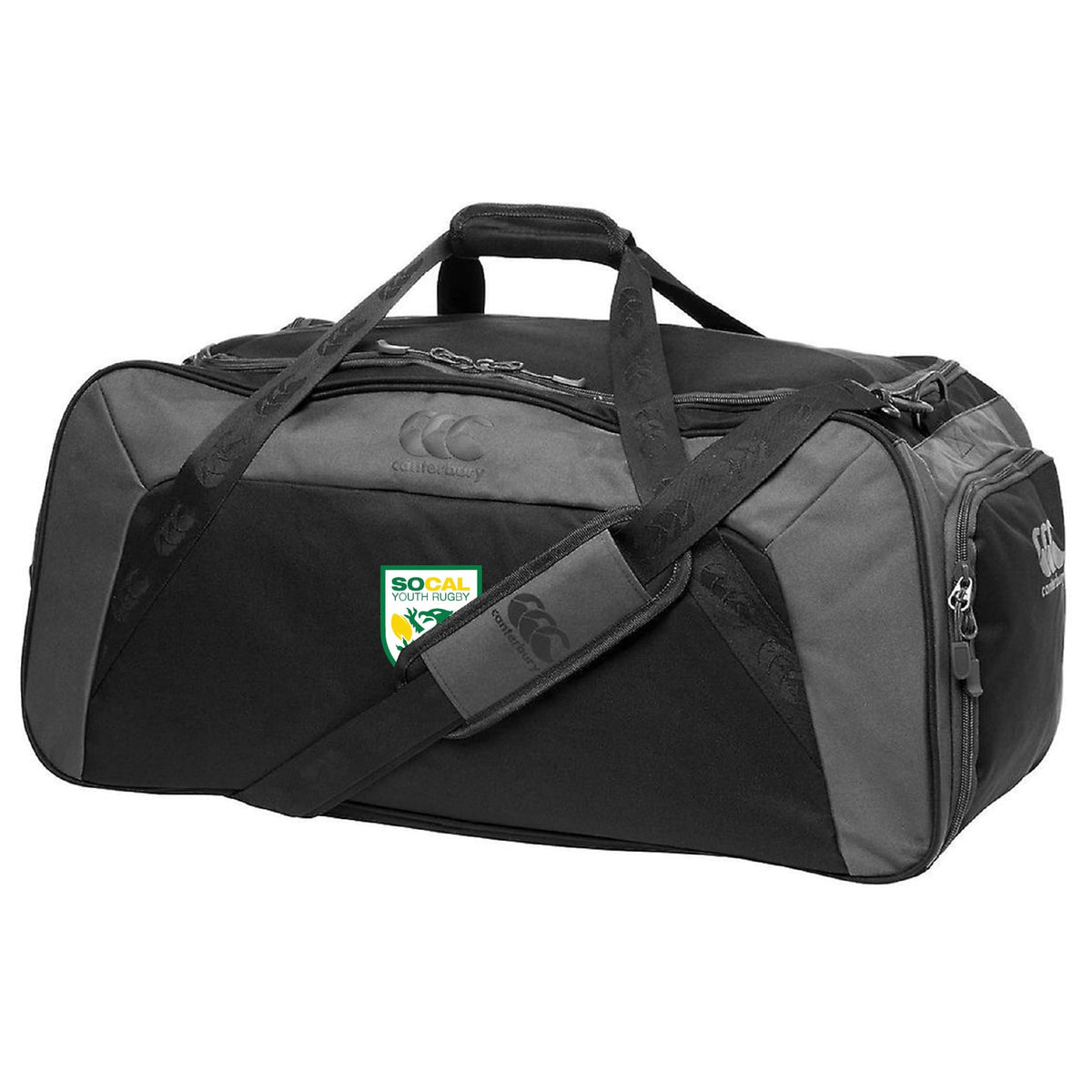 The SoCal Youth Rugby Holdall Duffle Bag by EMB Canterbury is a black and gray water-repellent bag featuring handles, a shoulder strap, and the SoCal Youth Rugby logo—ideal for rugby gear.